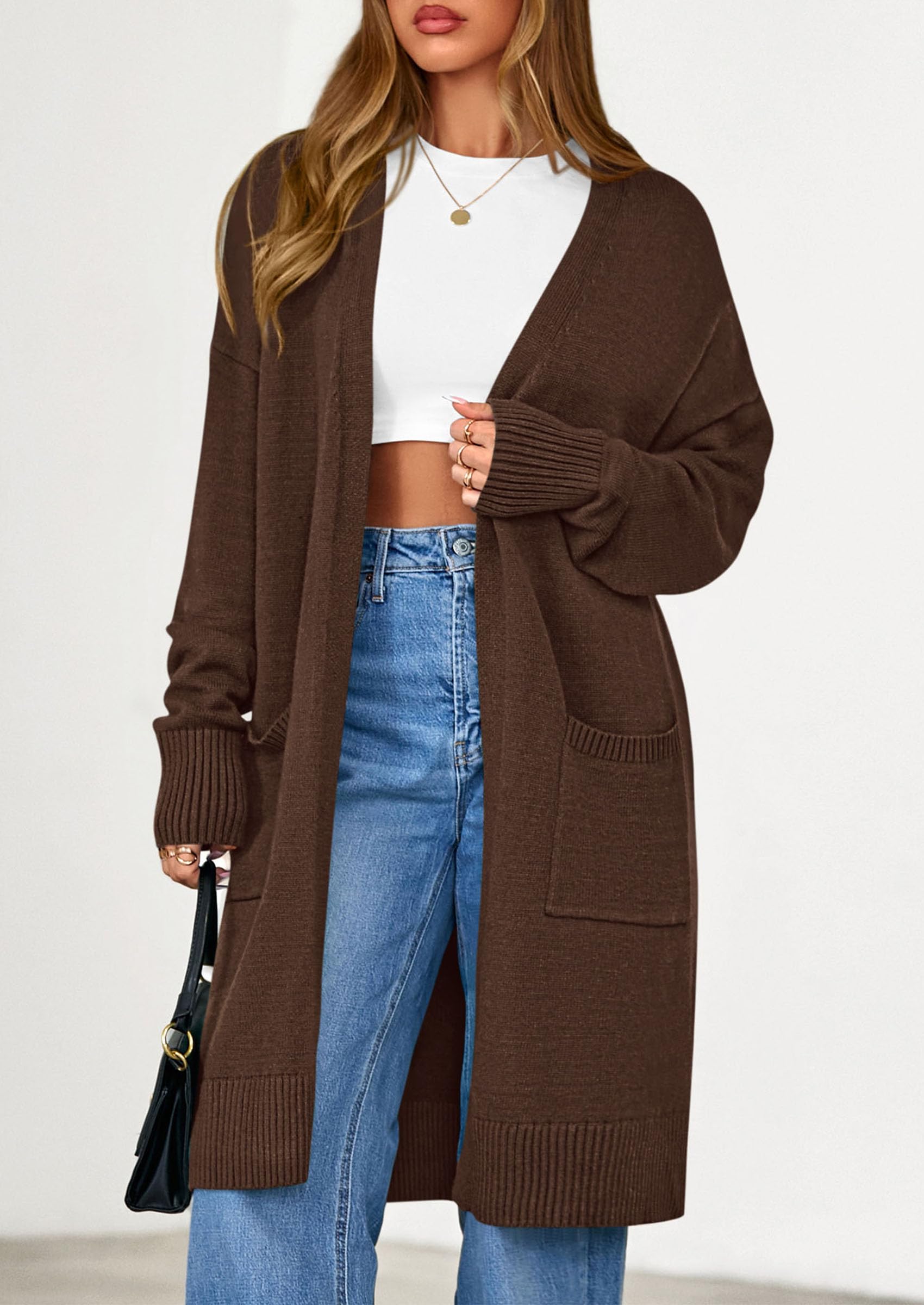 Women's Oversized Open Front Long Knit Cardigan,Brown,S