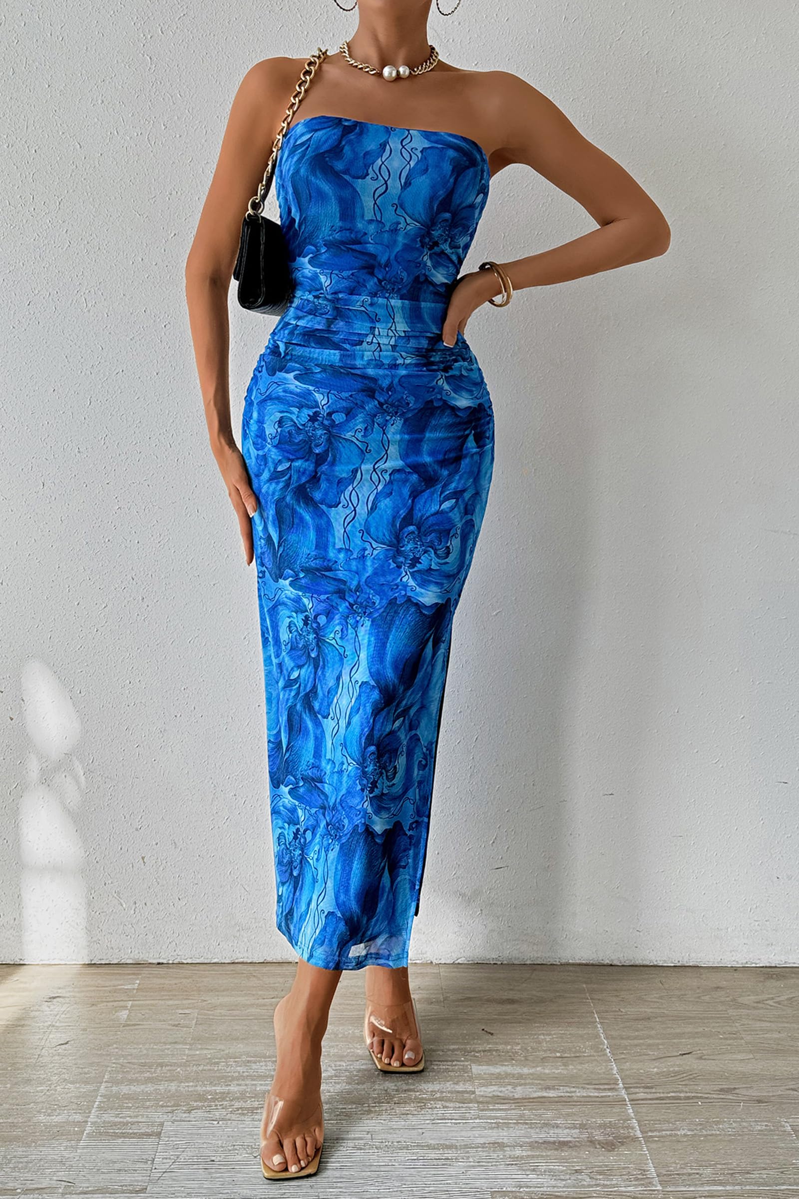 Womens Strapless Bodycon Maxi Dress, Print Brilliant Blue,S