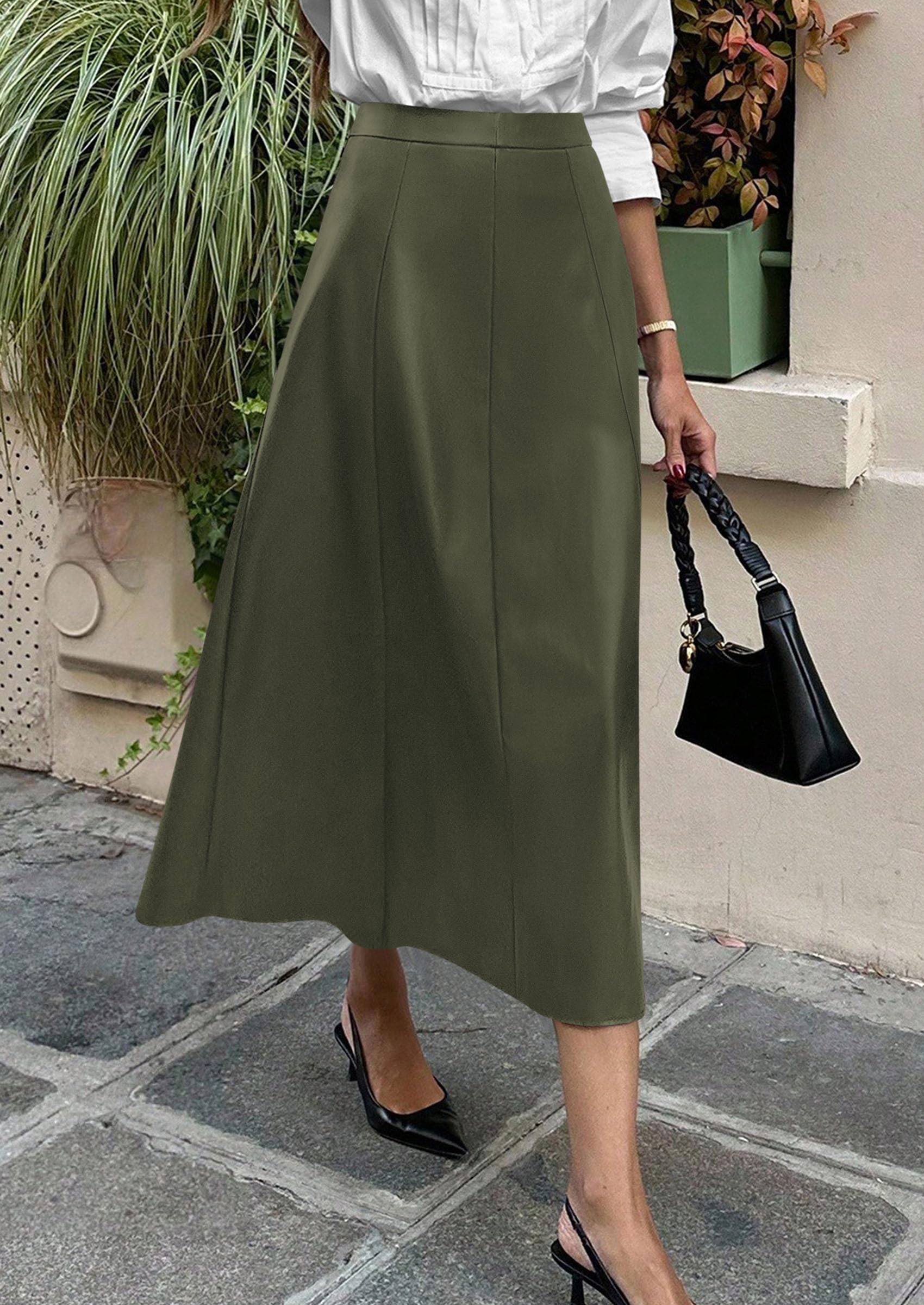 Womens Faux Leather High Waisted Midi Skirt,Army Green,S