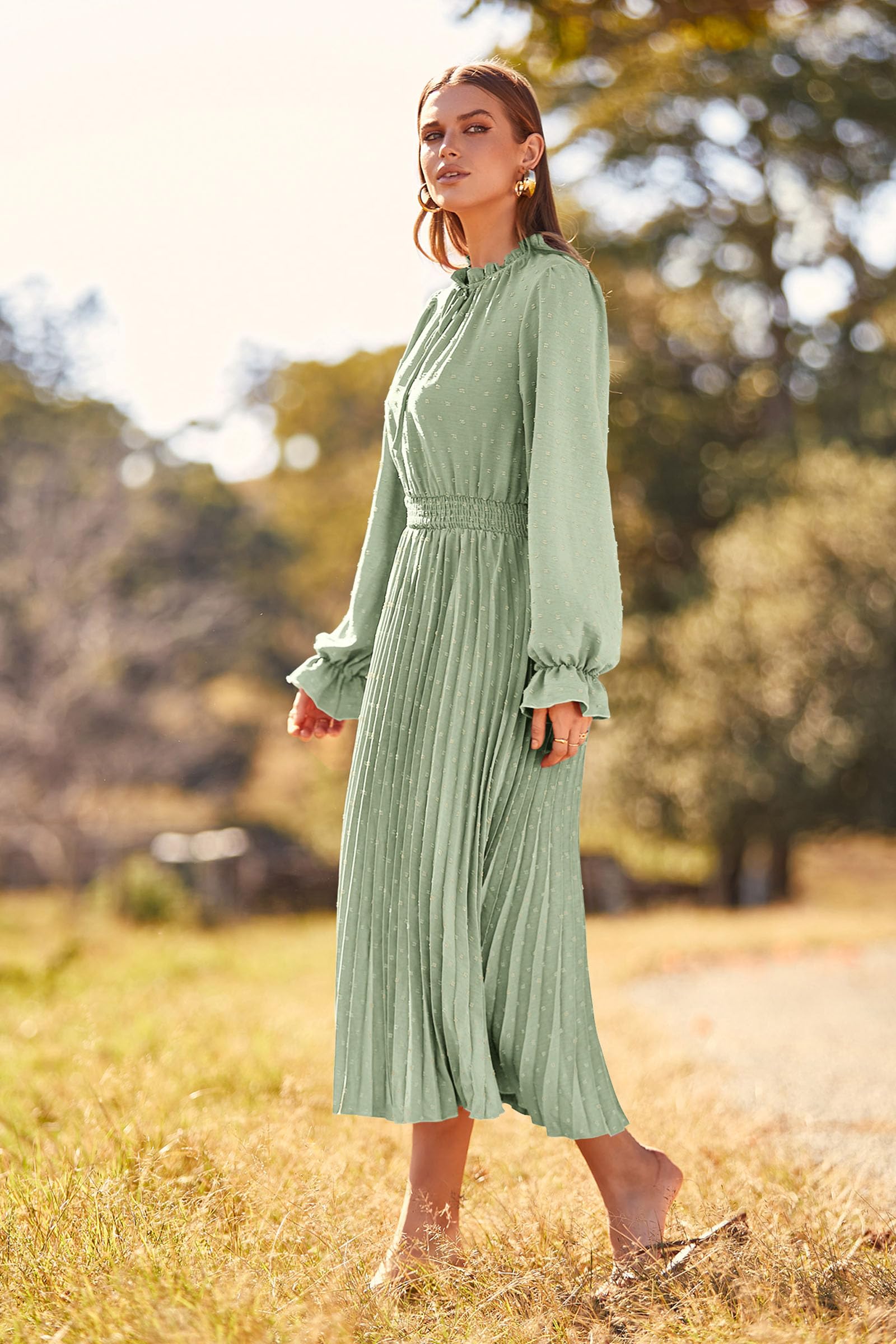 Women's Fall Midi Wedding Guest Dress(Light Green,Small)