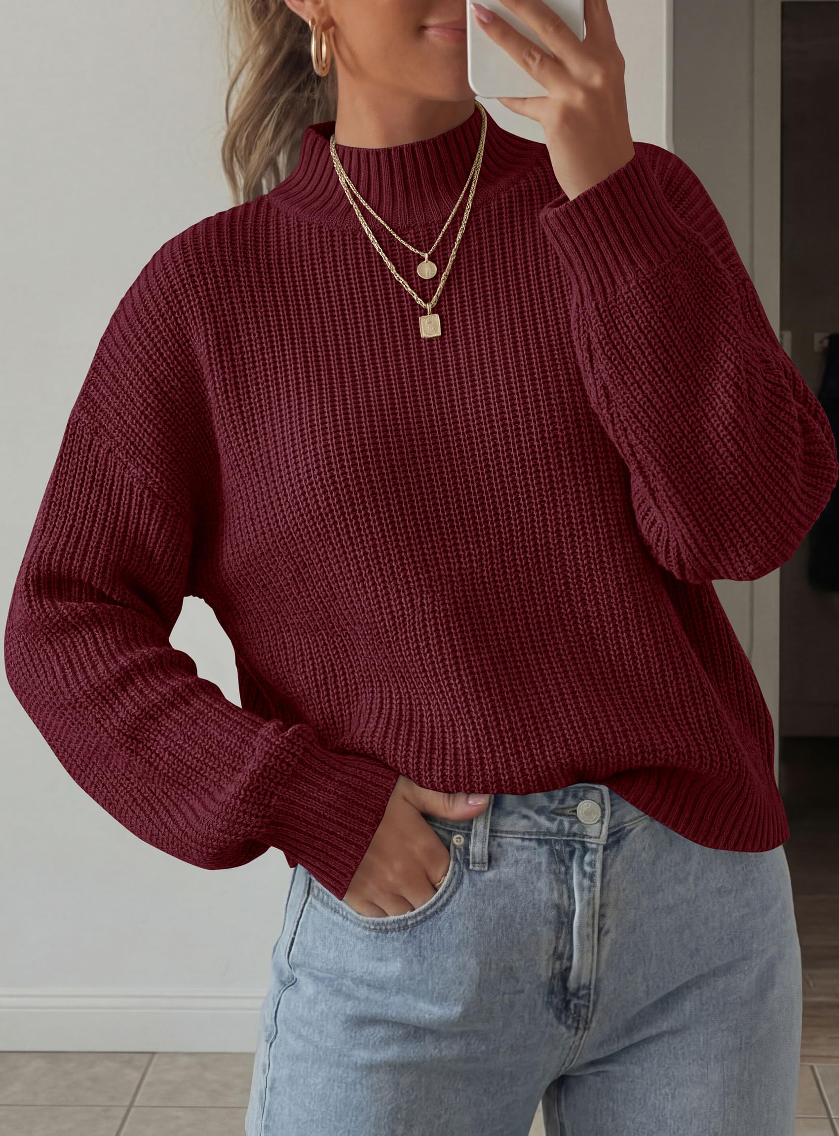 Women's Chunky Knit Fall Mock Turtleneck Pullover Sweaters