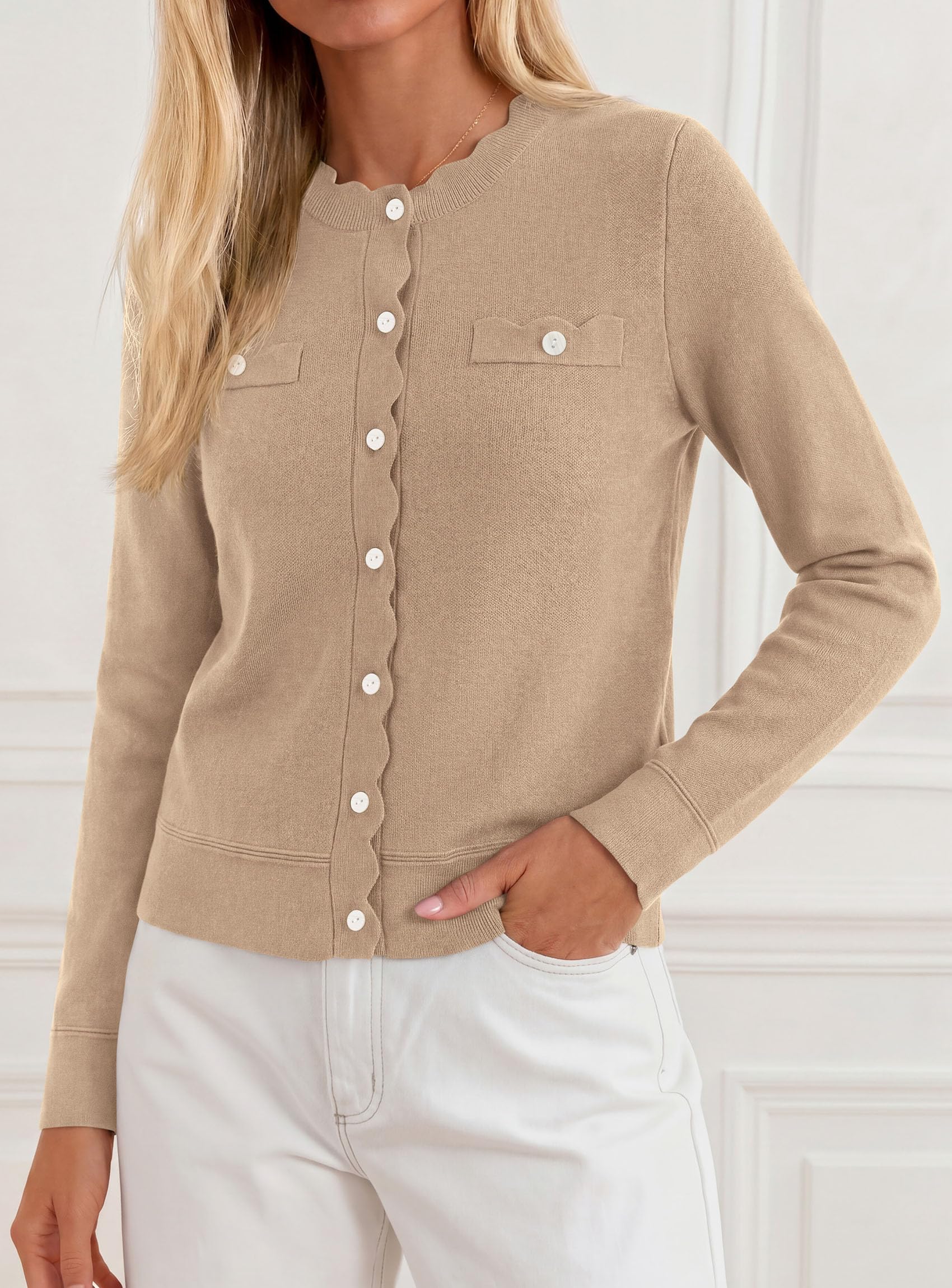 Womens Lightweight Cardigan Sweaters Scalloped Trim Fall Tops
