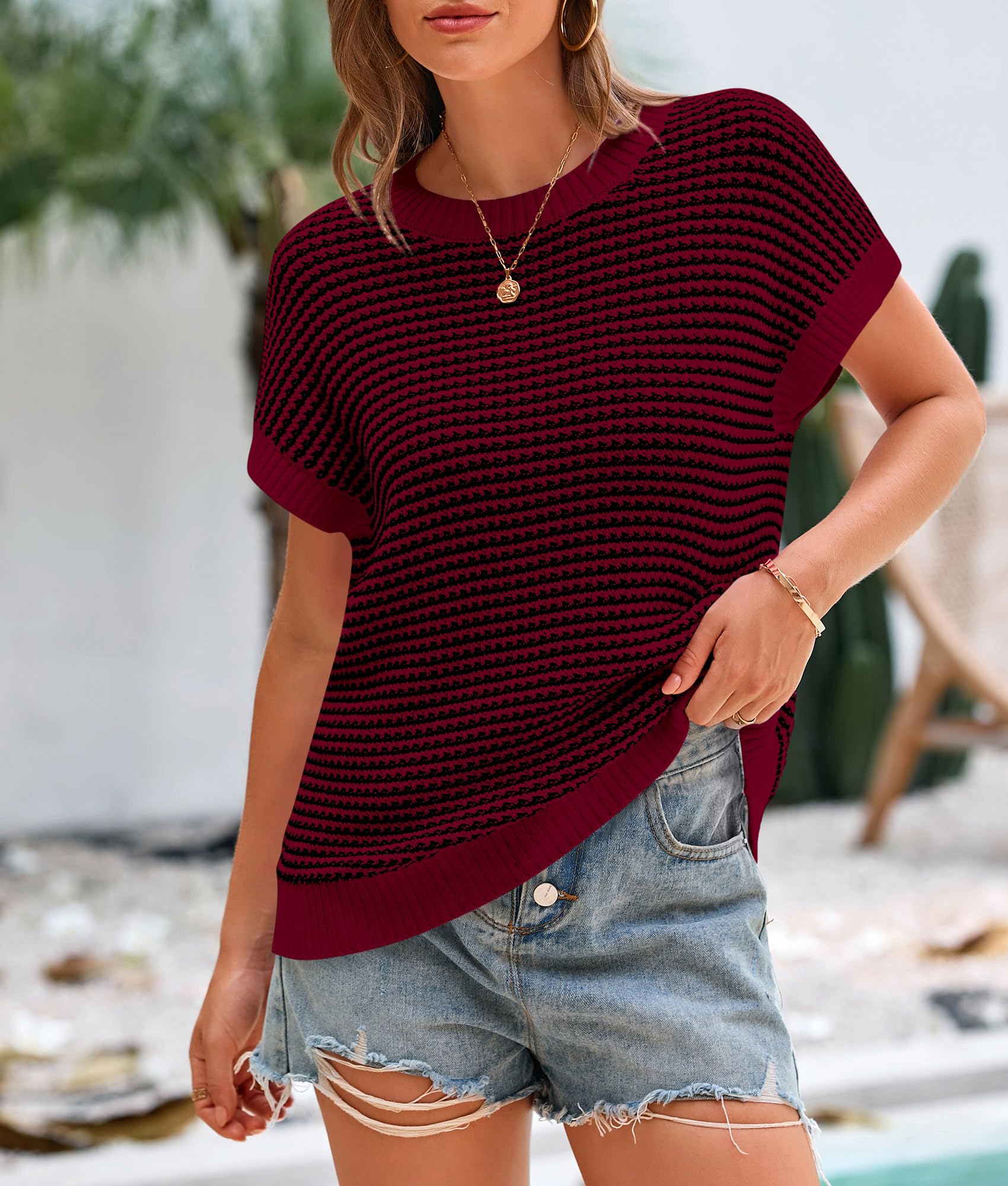 Women's Striped Short Sleeve Sweater Vest Wine Red,S
