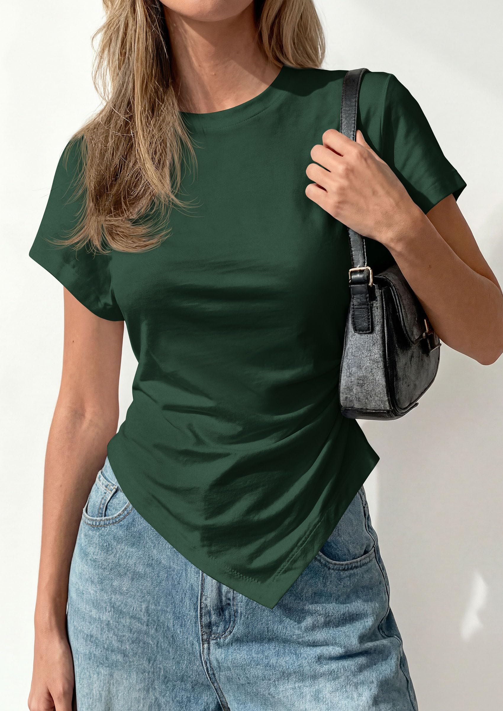 Womens Asymmetrical Summer Short Sleeve Tops,Dark Green,XS
