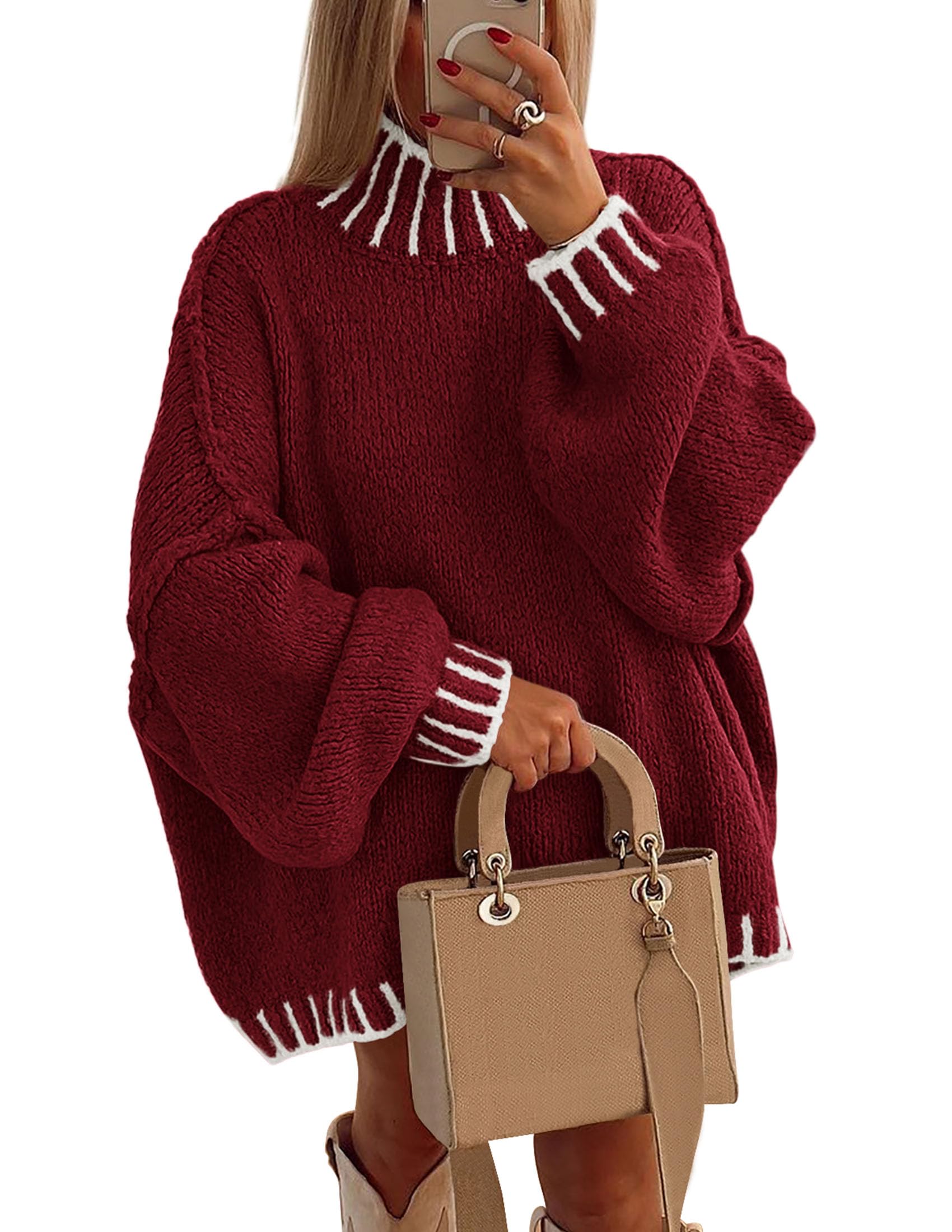 Women's Mock Neck Oversized Pullover Sweaters,Wine Red,XS