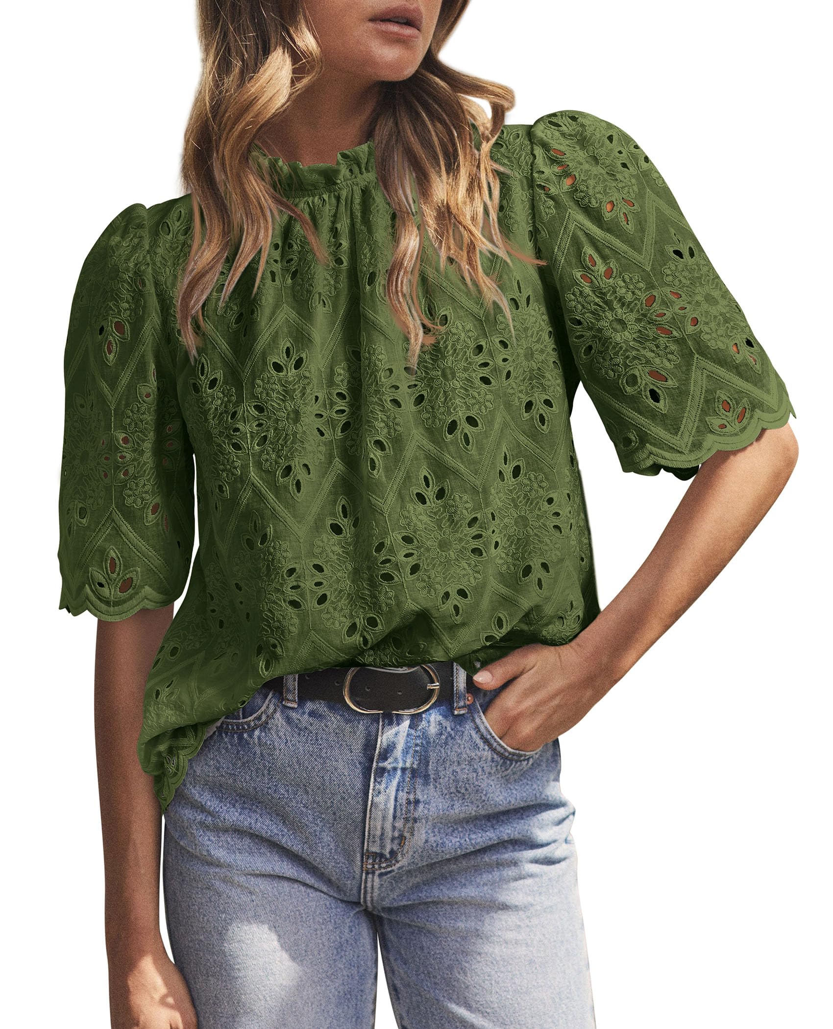 Women Summer Tops Eyelet Embroidered Shirts,Army Green,XS