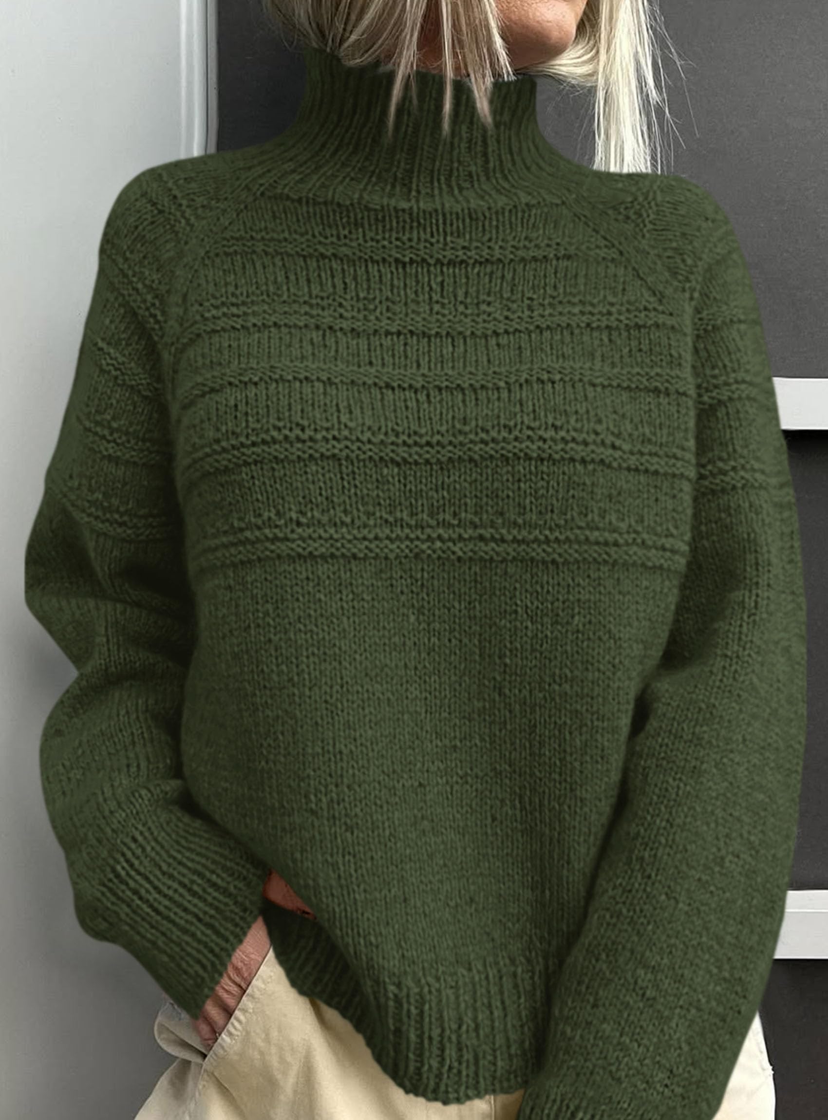 Women's Chunky Knit Mock Neck Pullover Sweaters,Army Green,S