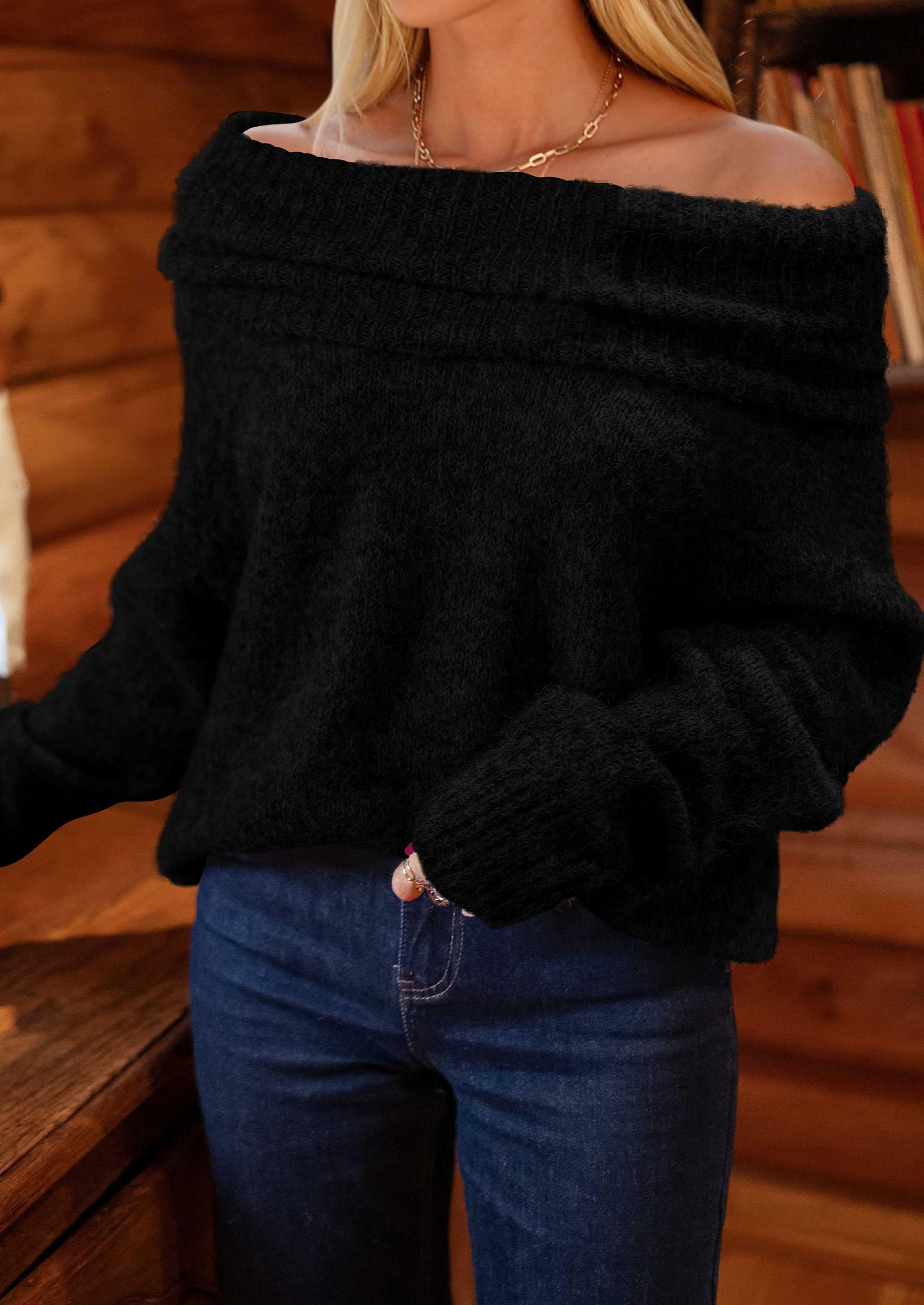 Women's Fall Off The Shoulder Sweater,Black,S