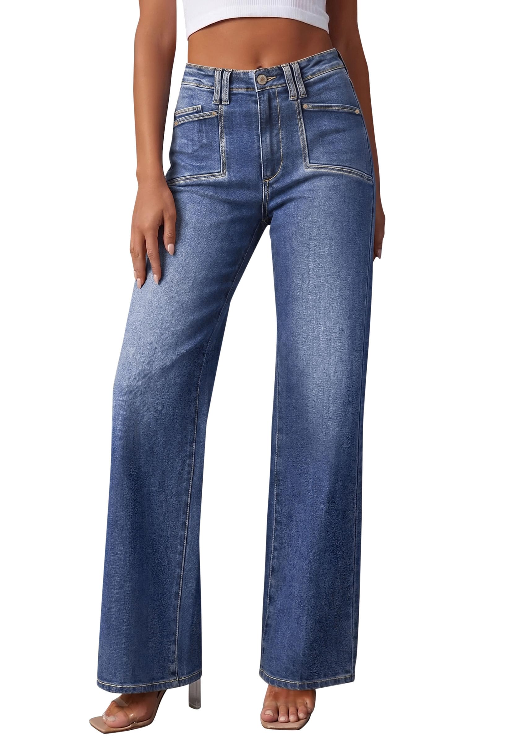 High Waisted Wide Leg Jeans for Women 2026 Trendy,Dark Blue,10