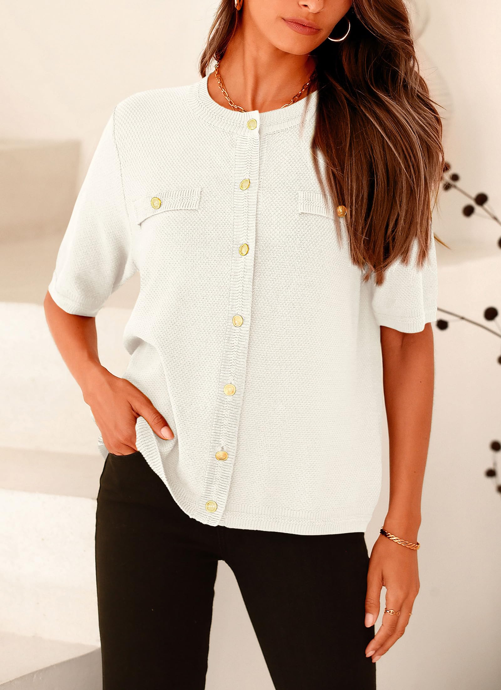 Women's Summer Casual Button Down Shirts White,Small