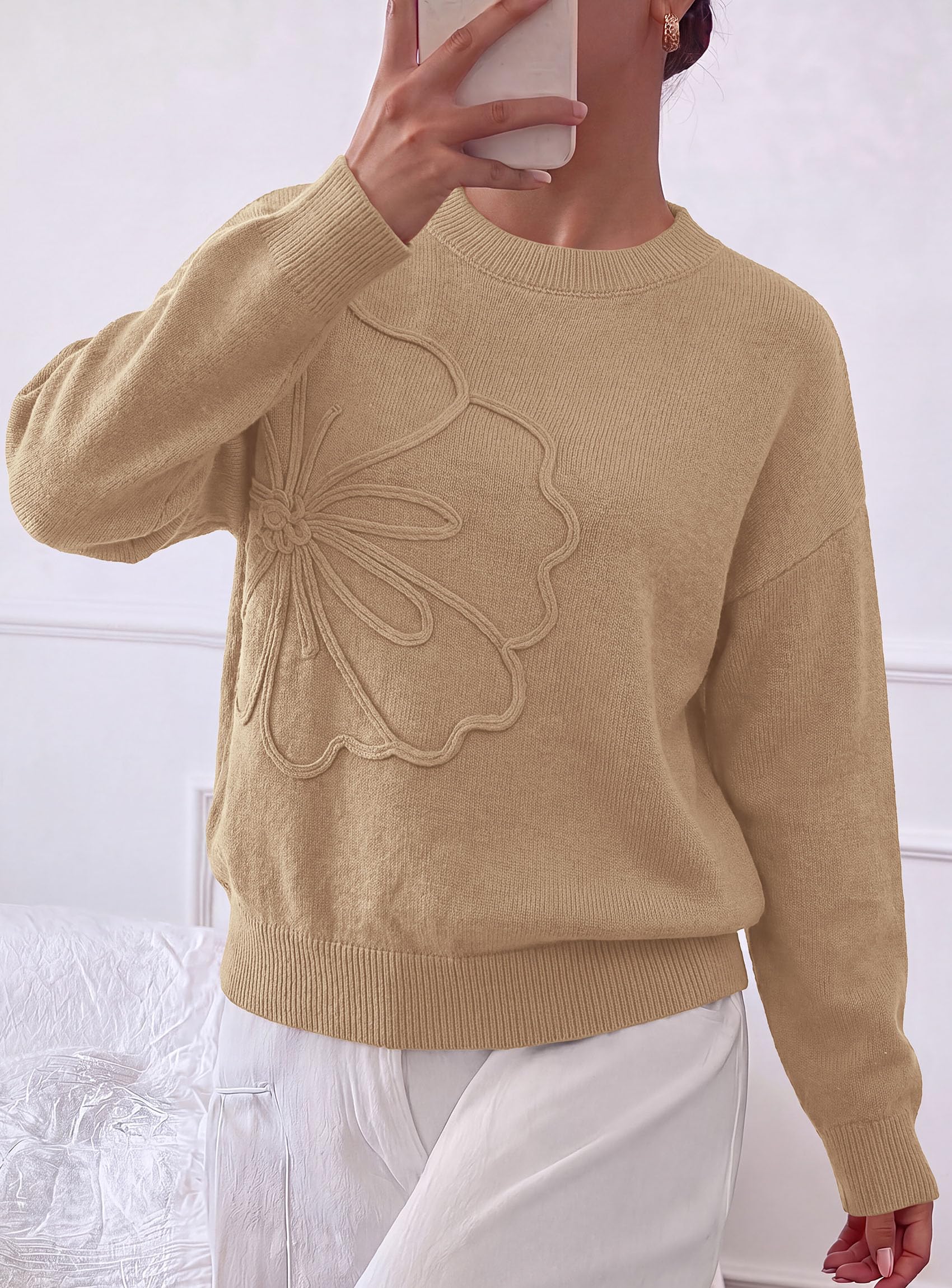 Womens Sweaters Floral Long Sleeve Knit Tops,Khaki,S