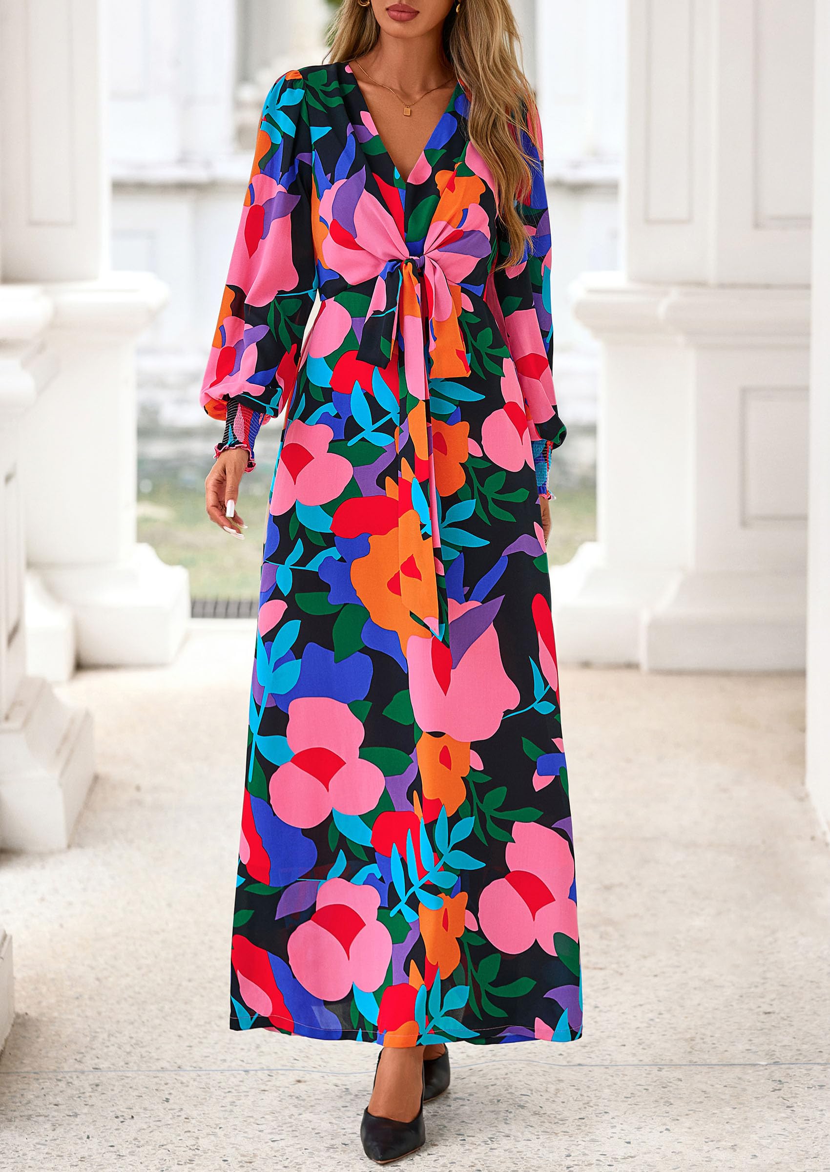 Women's Tie Waist Floral Maxi Dress,Floral Black,S