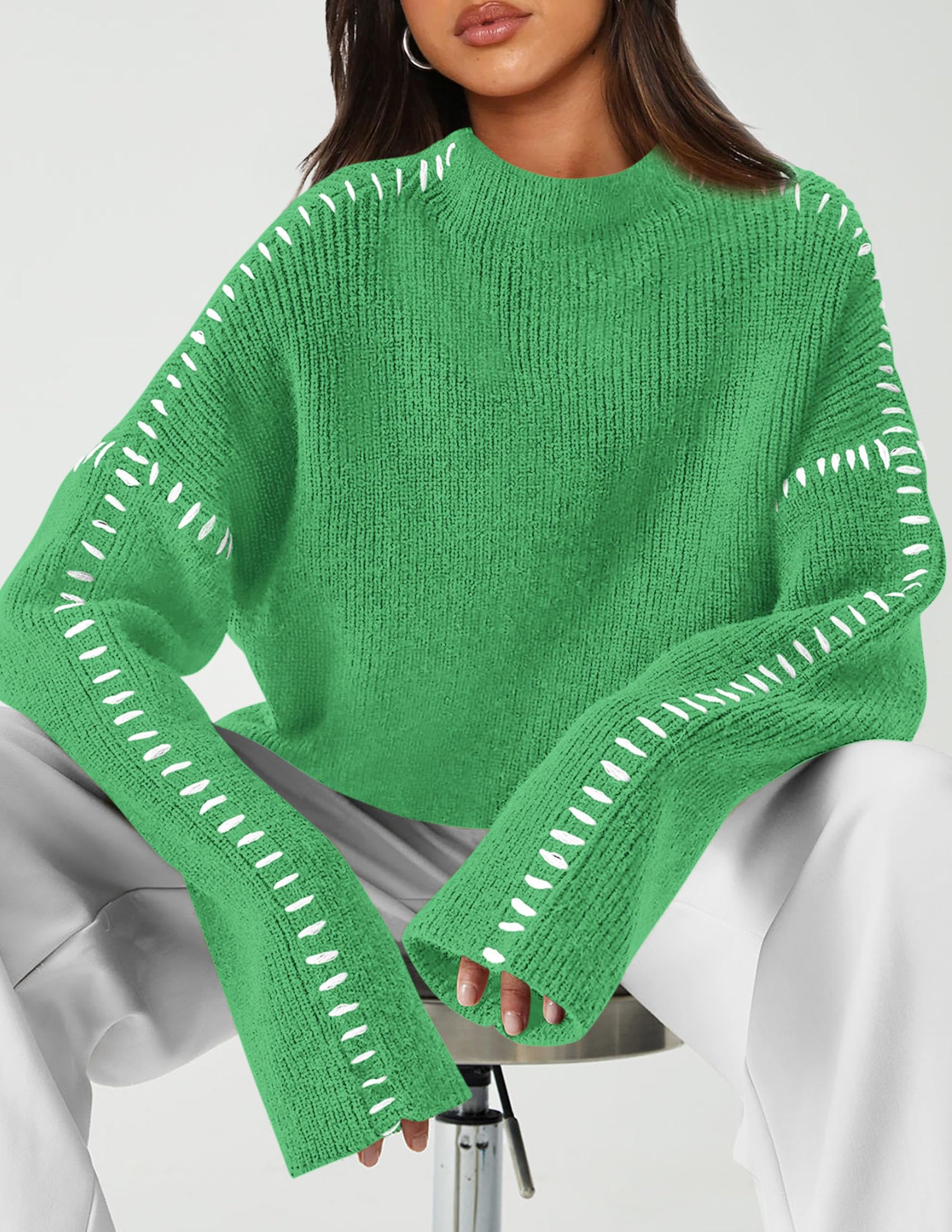 Womens Chunky Knit Oversized Pullover Sweaters,Green,S