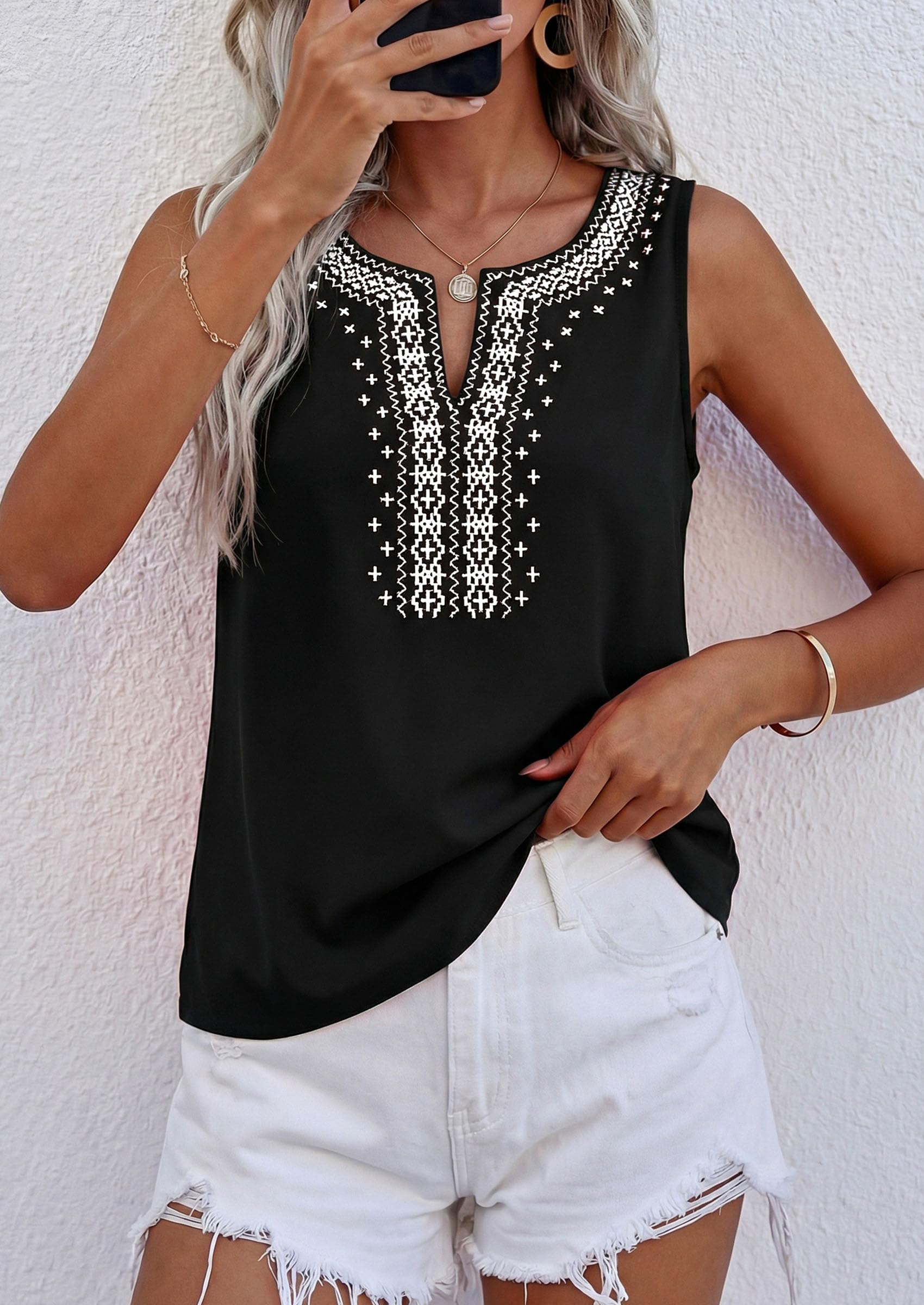 Womens Embroidered Sleeveless Tank Tops Black,S