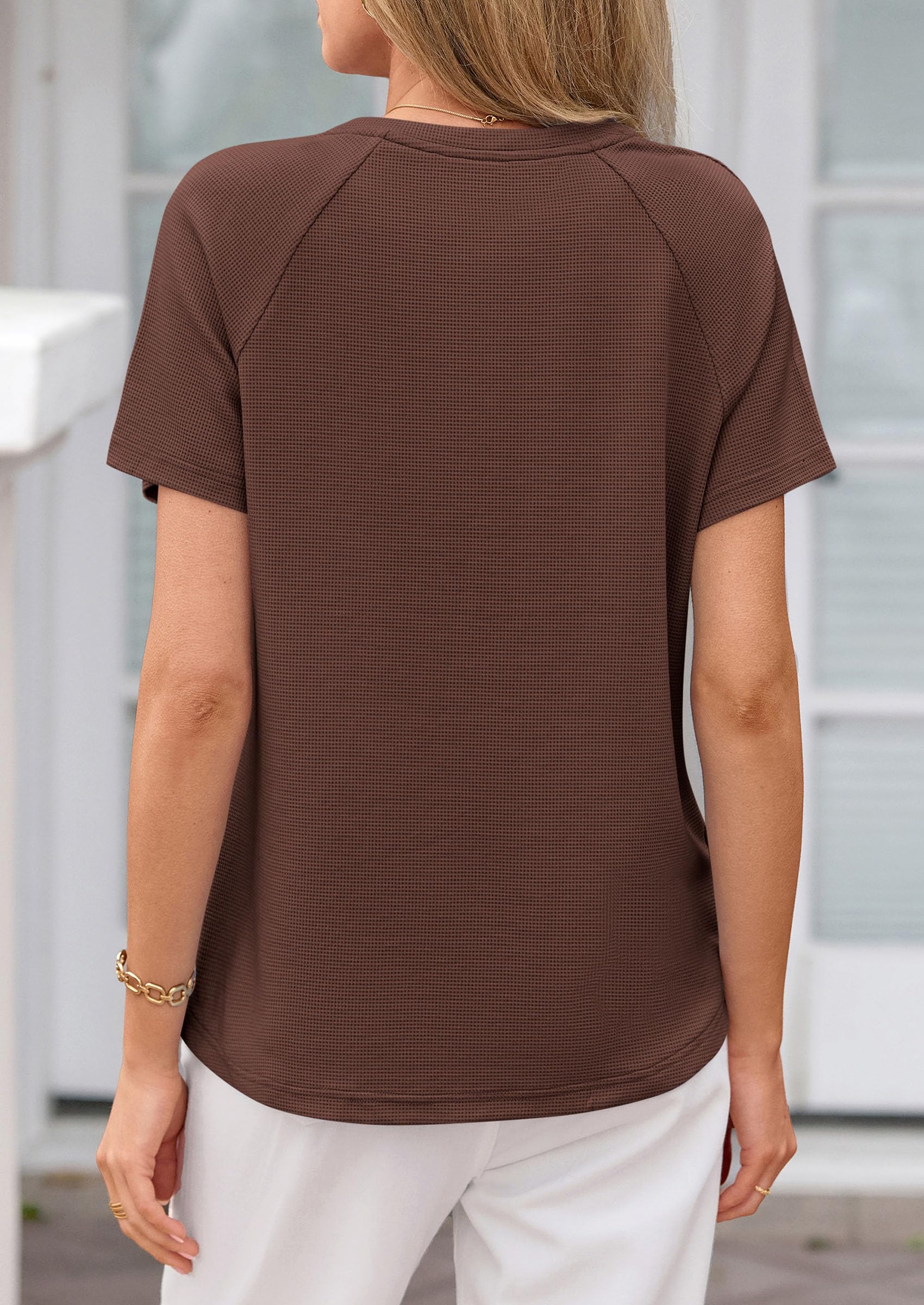 Women's Short Sleeve Waffle Knit Henley Shirts, Brown,S
