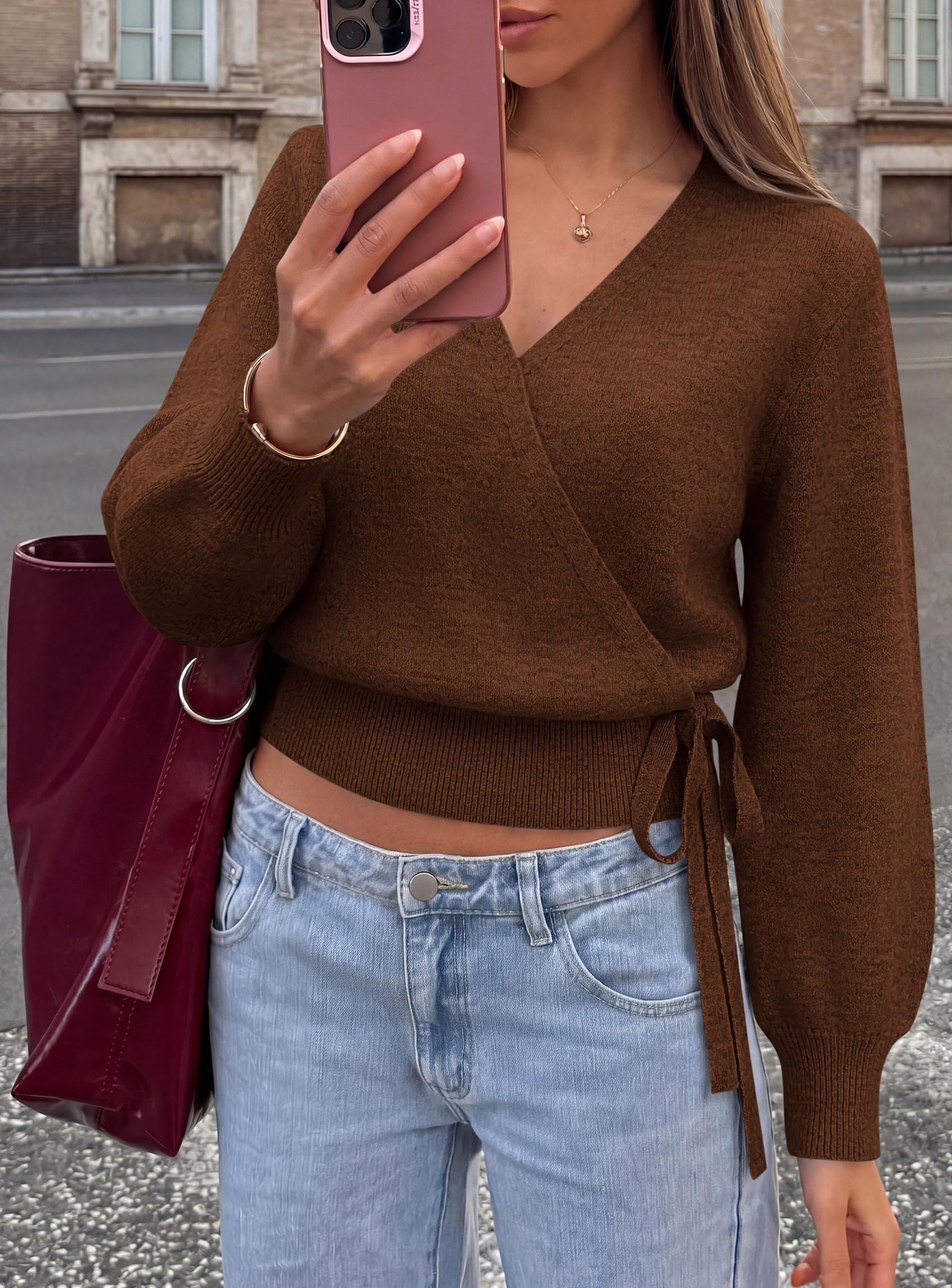 V Neck Wrap Sweaters for Women Fall Outifts Pullover Brown,S