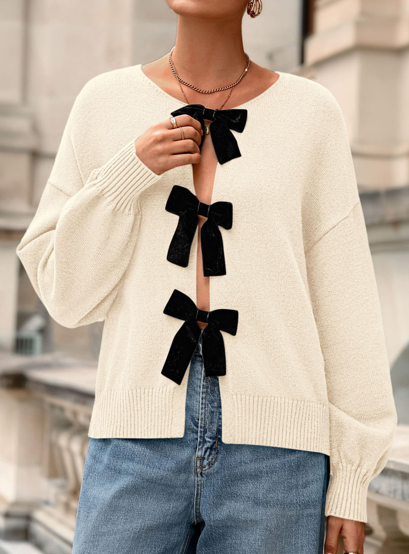 Women's Fall Bow Tie Front Cardigan Sweaters,Beige,S