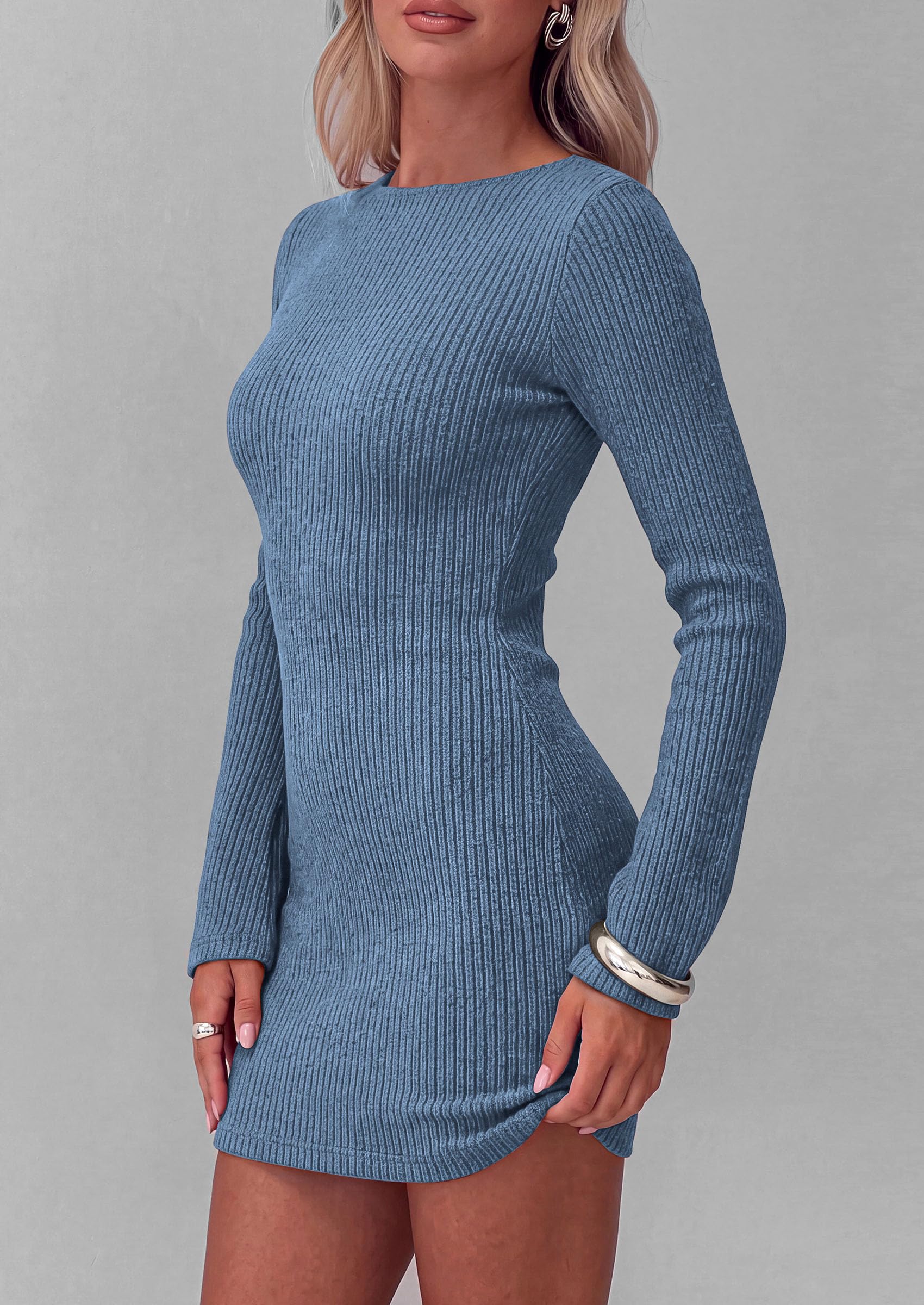 Womens Boat Neck Bell Long Sleeve Mini Sweater Dress Grey Blue