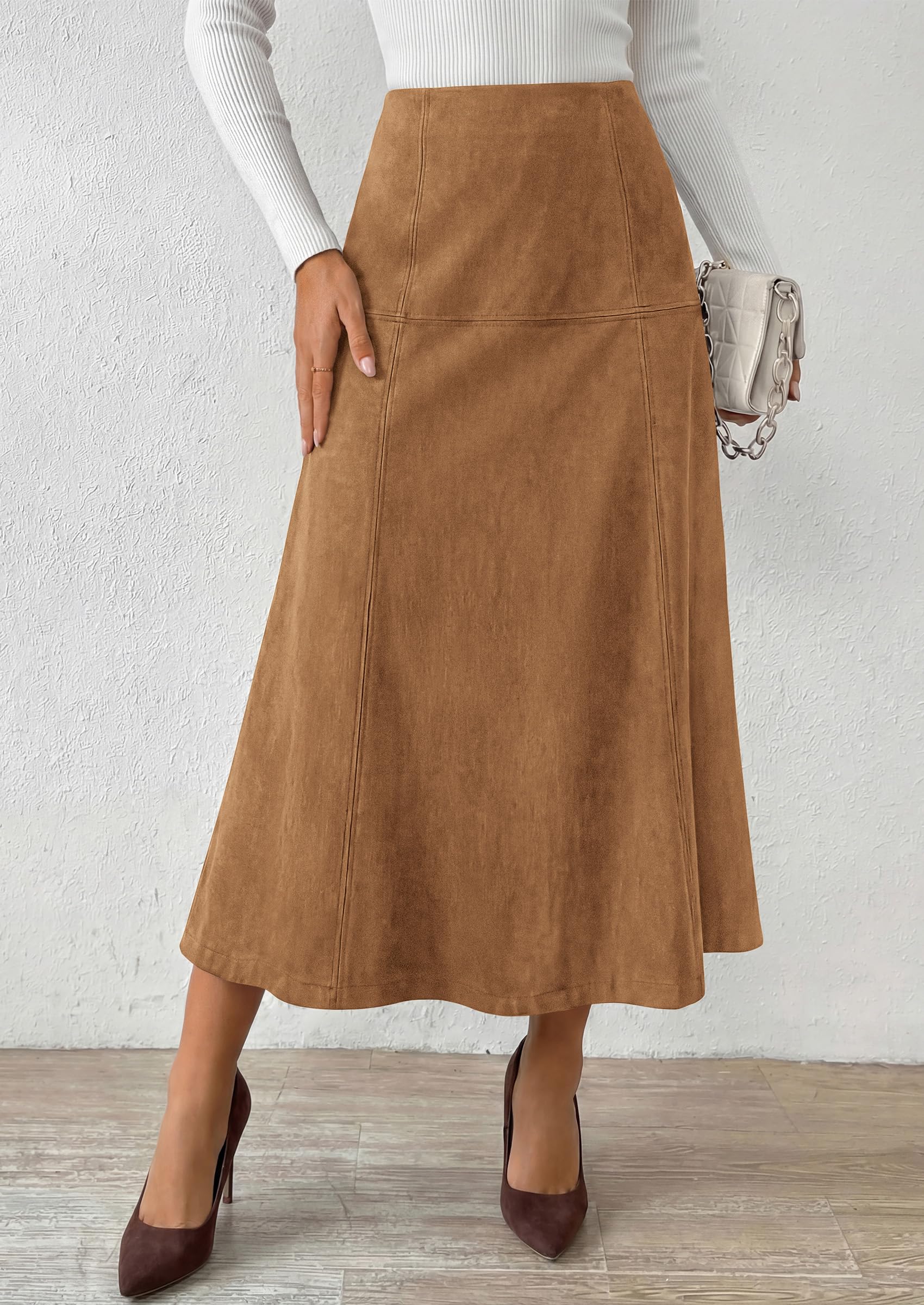 Womens High Waist Faux Suede A Line Midi Skirt,Khaki,S