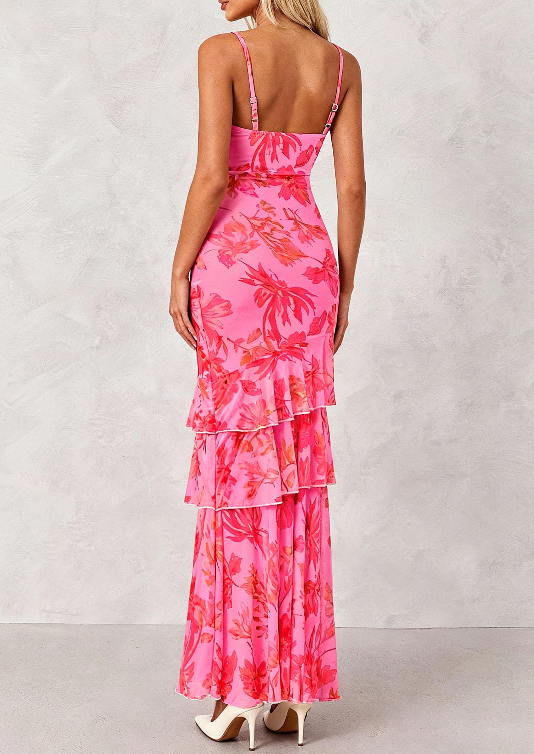 Women's Boho Floral Tiered Maxi Dress, Pink Orange Floral,XS