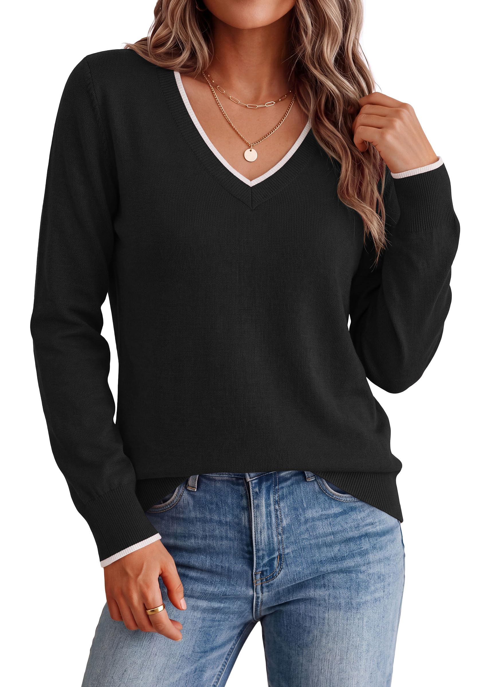 Women's V Neck Sweater Long Sleeve Knit Tops (Black,S)