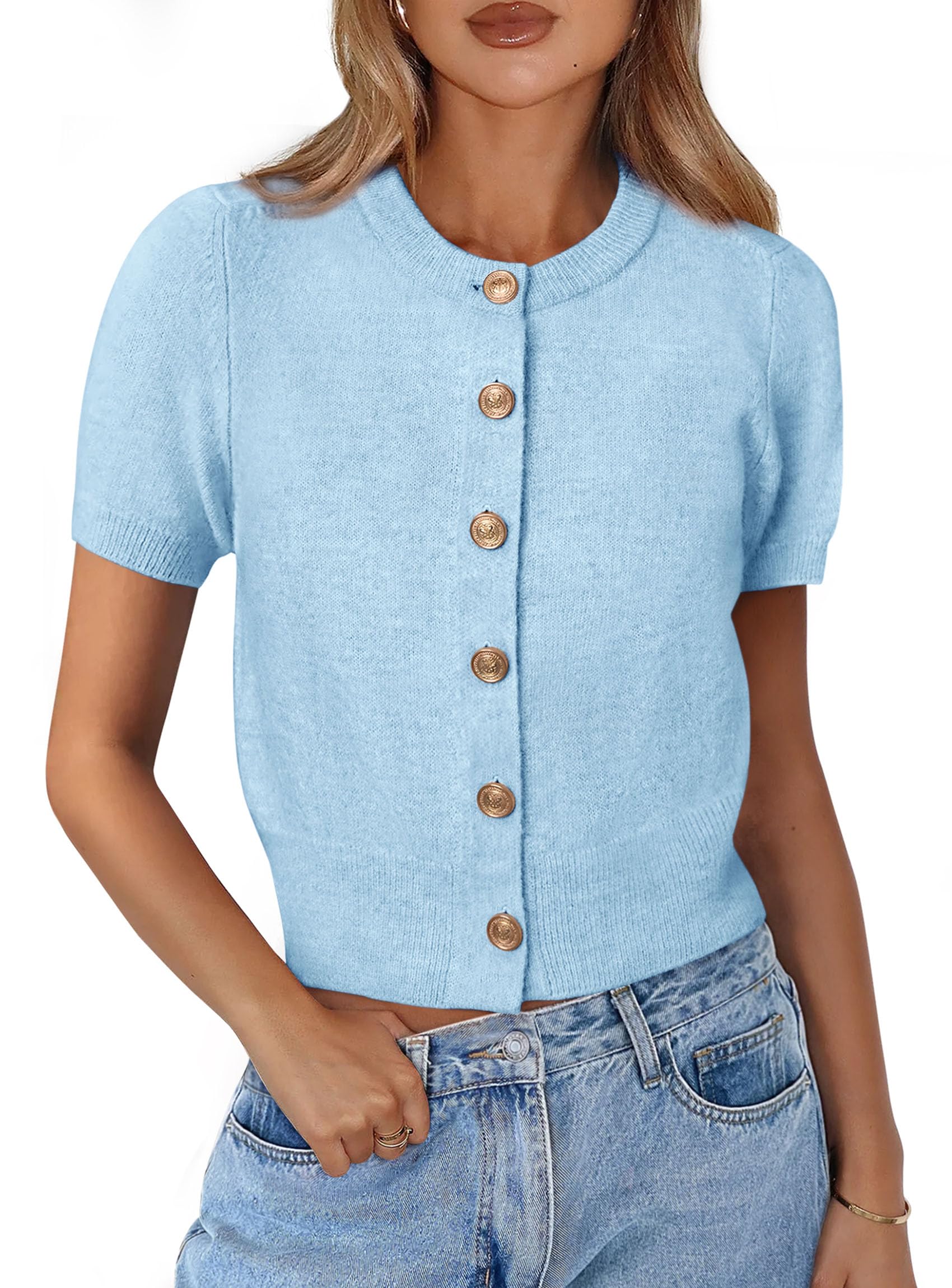 Womens Summer Cardigan Short Sleeve Sweater,Light Blue,S