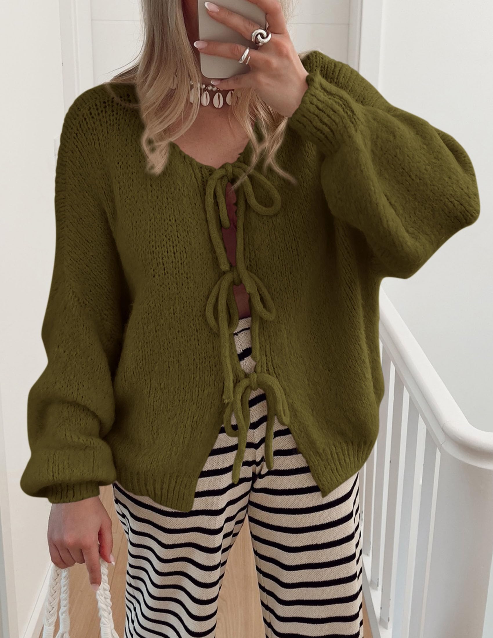 Women's Tie Front Bow Cardigan Sweaters(Army Green,Small)