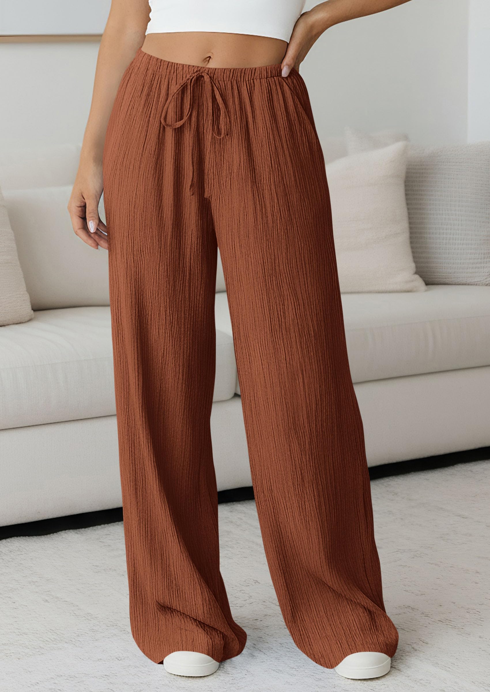 Women's Palazzo Pants Casual Wide Leg Trousers,Brick Red,S