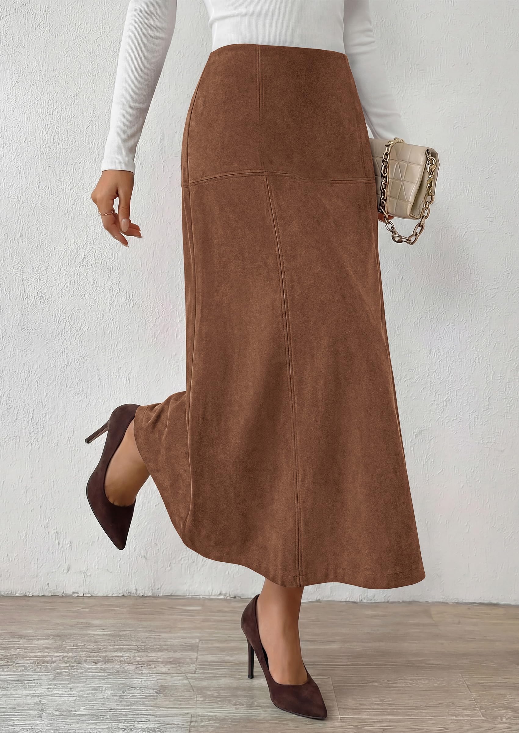 Womens High Waist Faux Suede A Line Midi Skirt,Brown,S