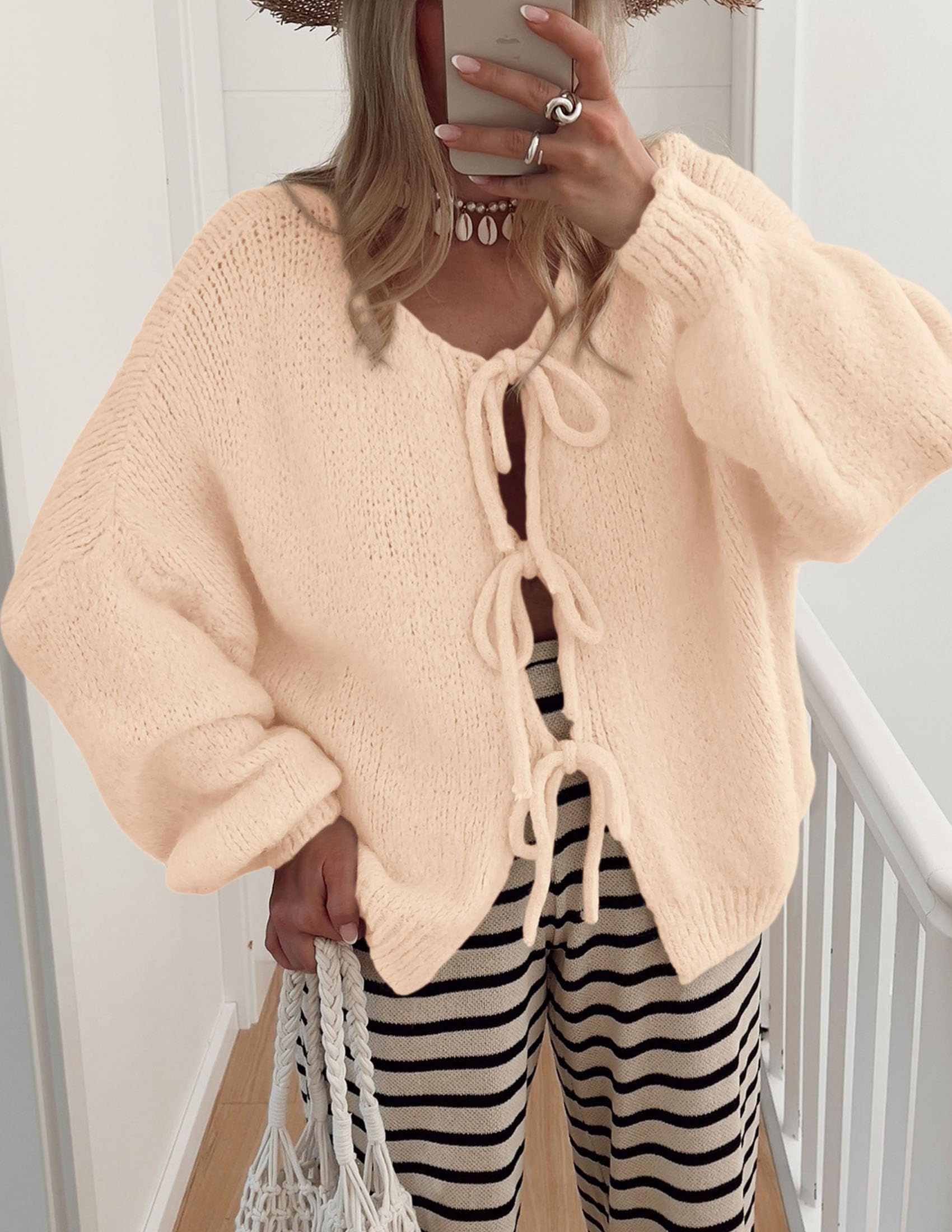 Women's Tie Front Bow Cardigan Sweaters(Apricot,Small)
