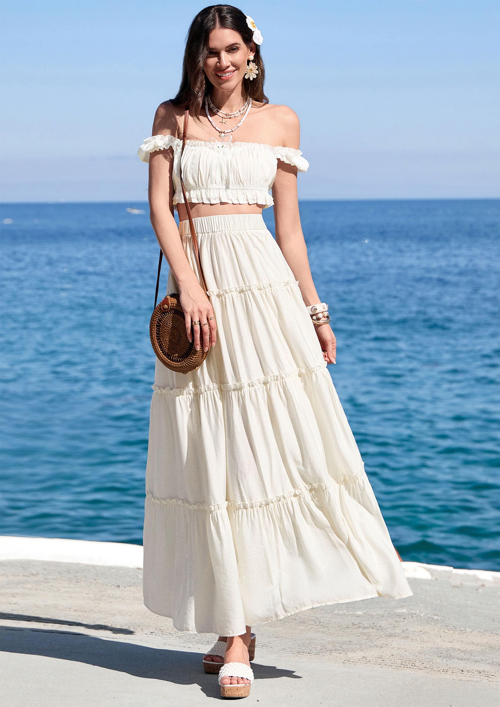 Women's Boho Tiered Ruffle Flowy Maxi Skirt, Beige,S