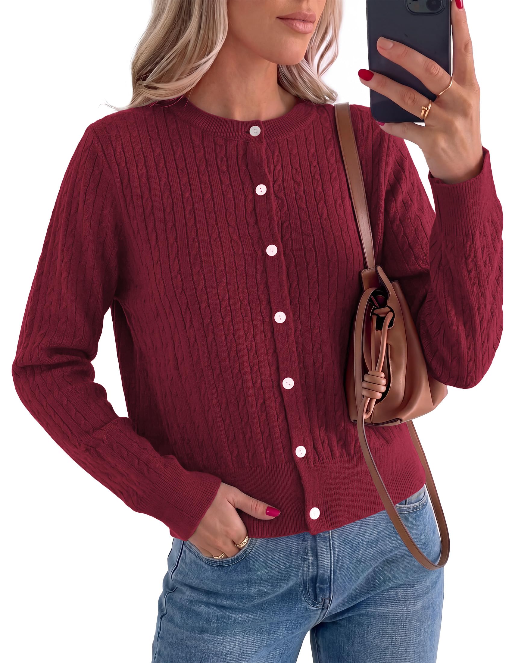 Women Fall Lightweight Cardigans Button Up Cable Knit Sweaters