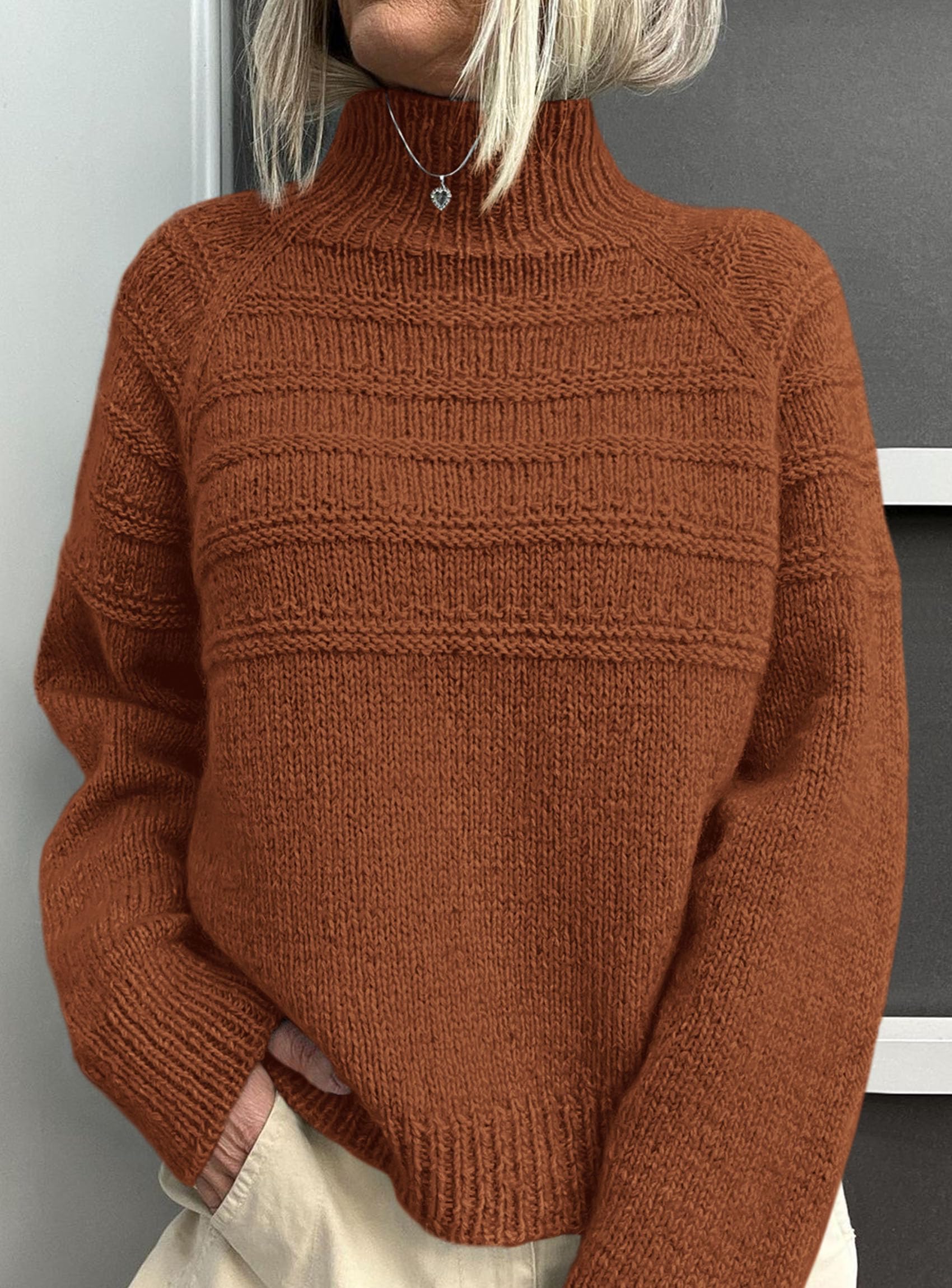 Women's Chunky Knit Mock Neck Pullover Sweaters,Caramel,S