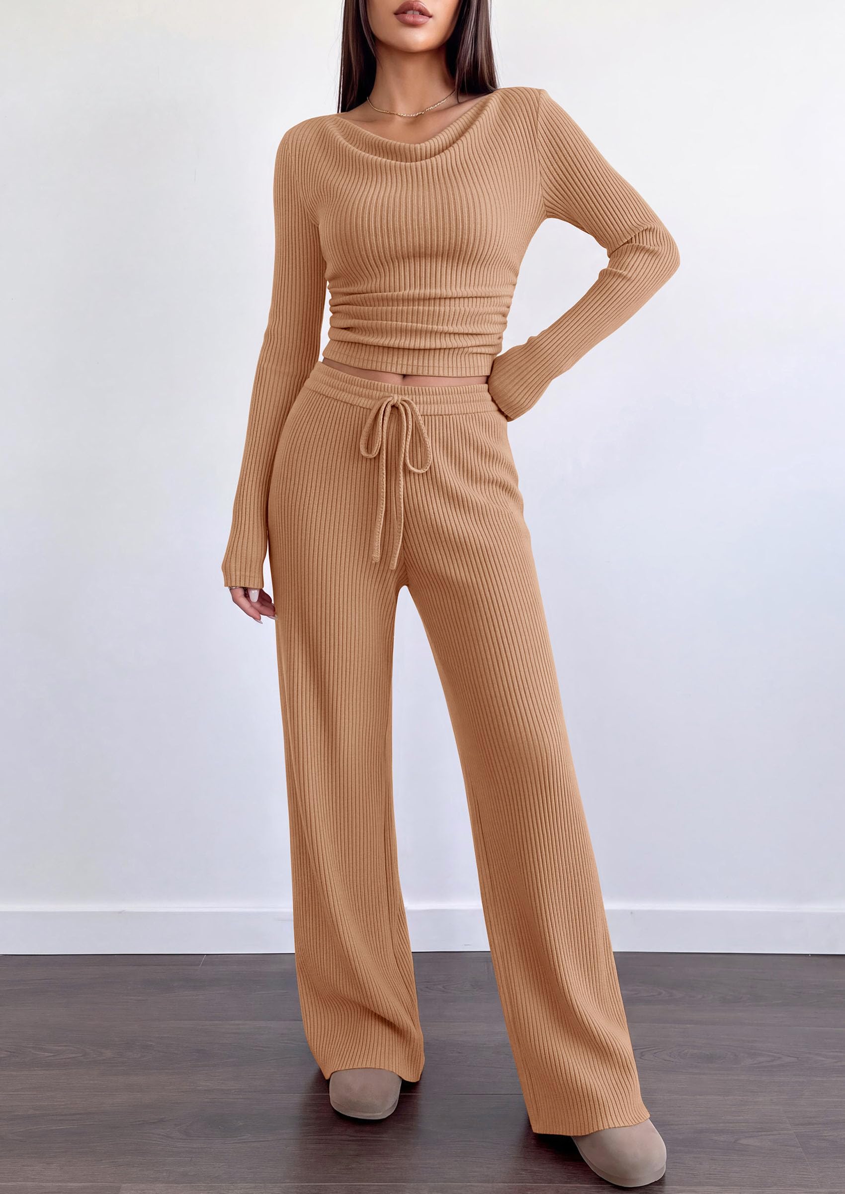 Matching Sets Women Clothing Fall Ribbed 2 Piece Lounge Set