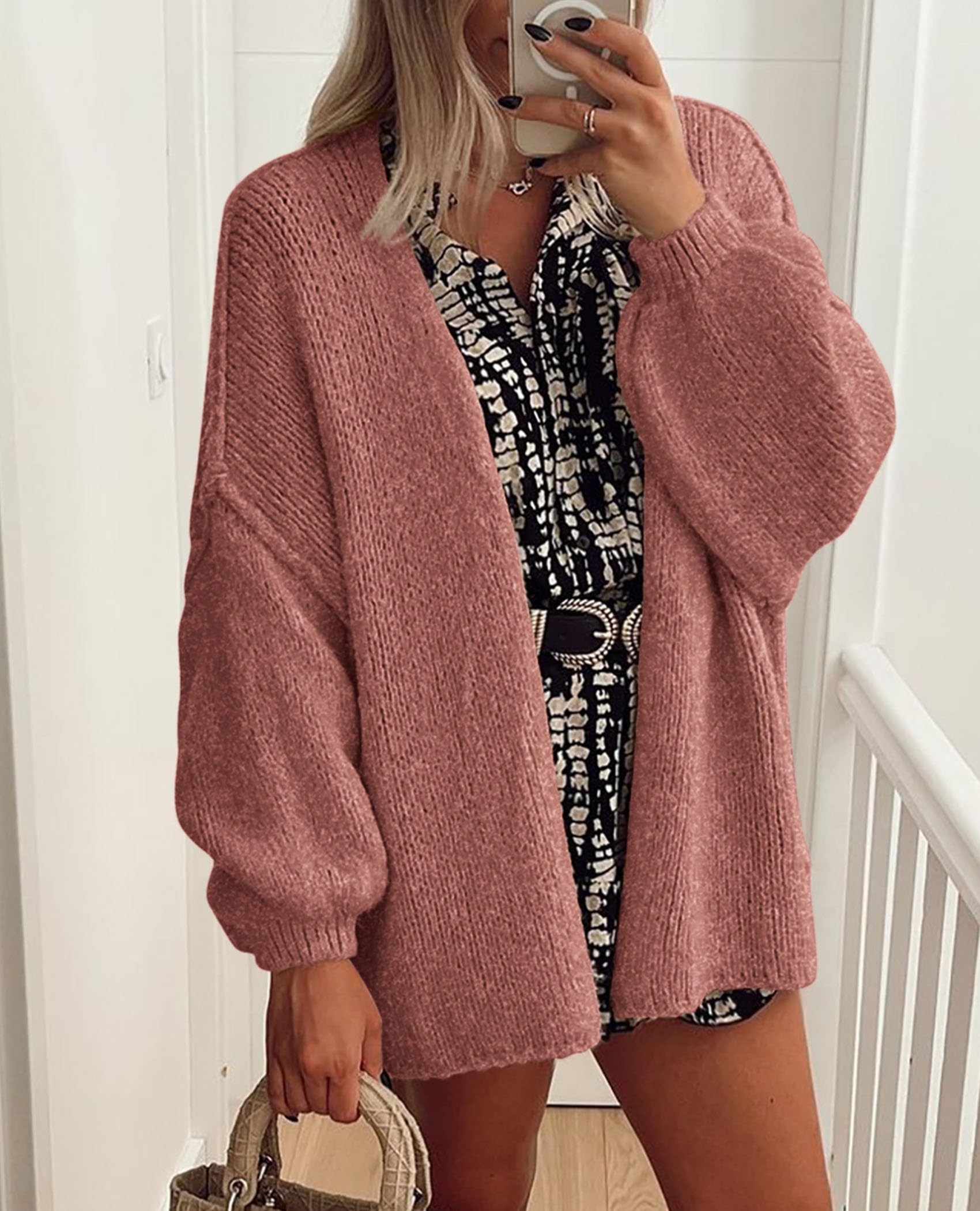 Womens Open Front Oversized Cardigan Sweaters,Grey Pink,XS