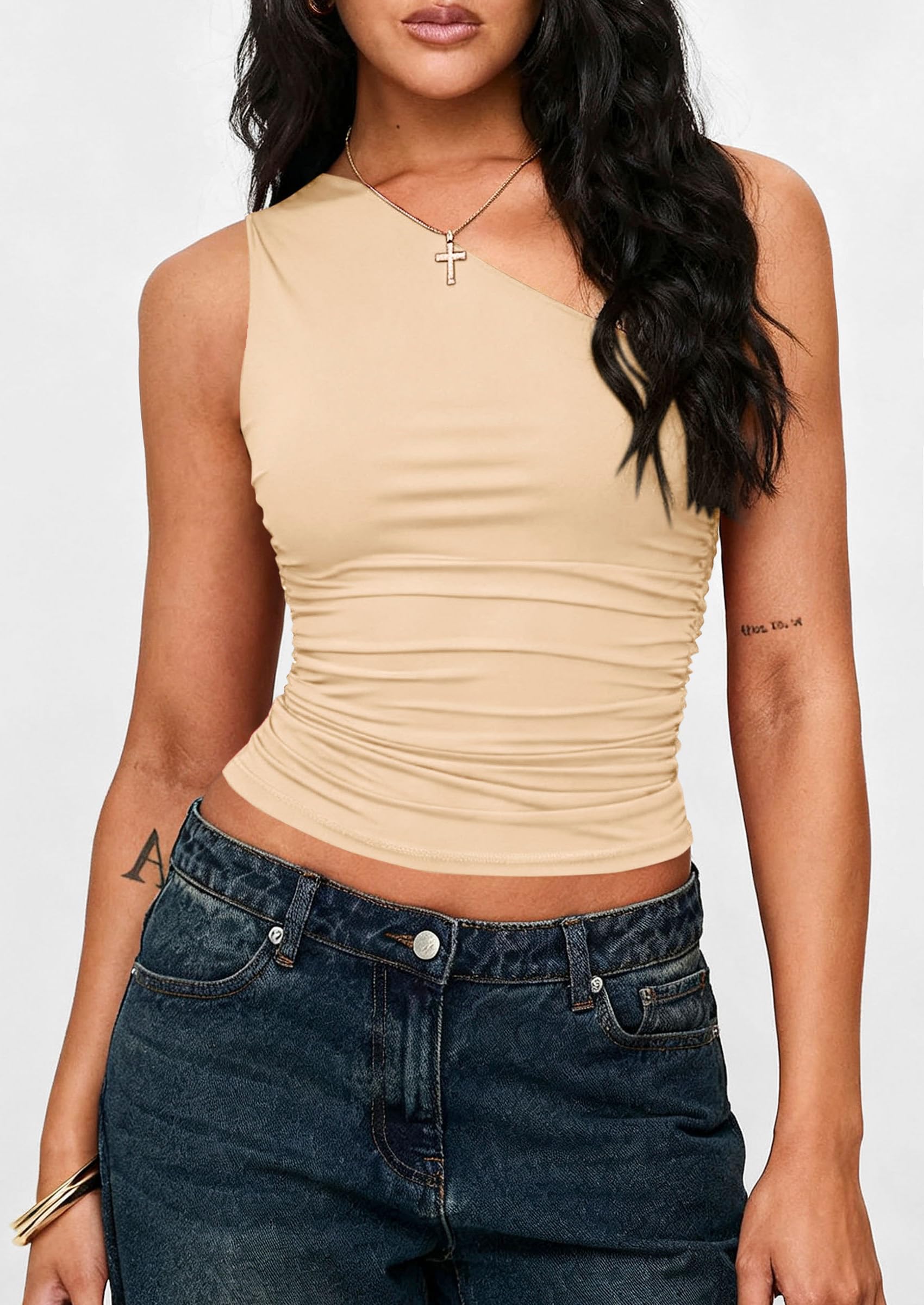 Womens Sleeveless One Shoulder Fitted Y2k Tops,Light Khaki,XS