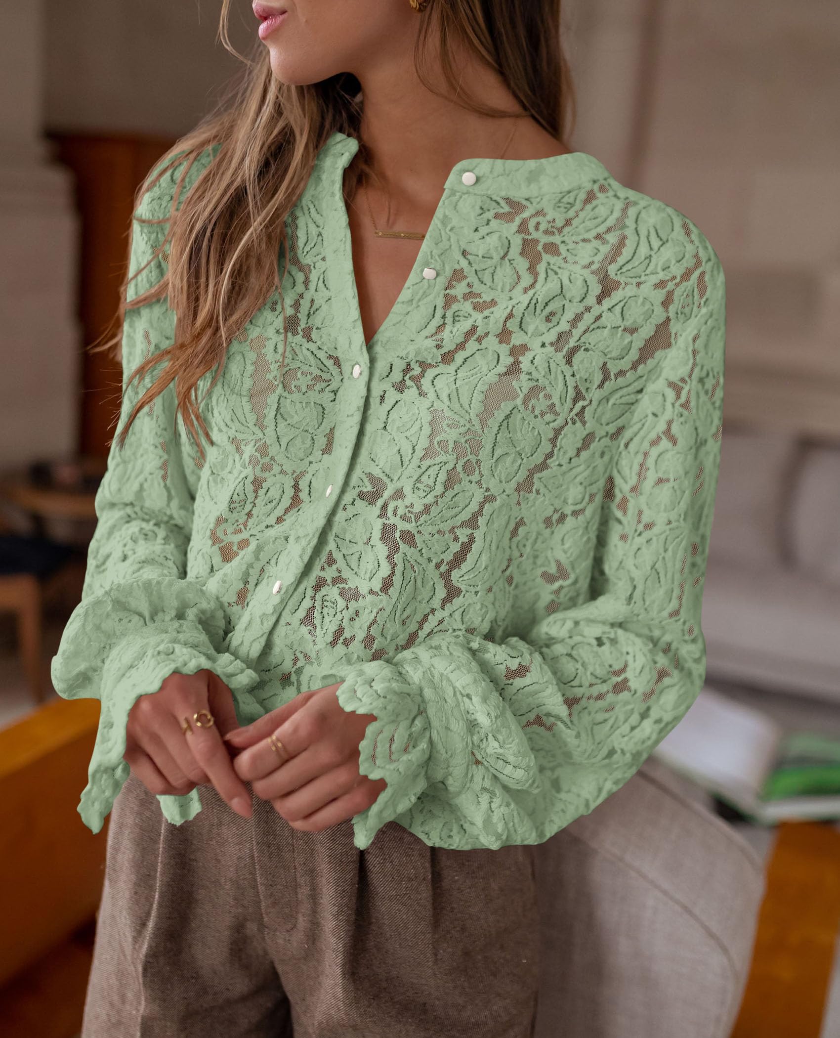Women's Fall Trendy Long Sleeve Lace Tops(Dusty Green,Small)