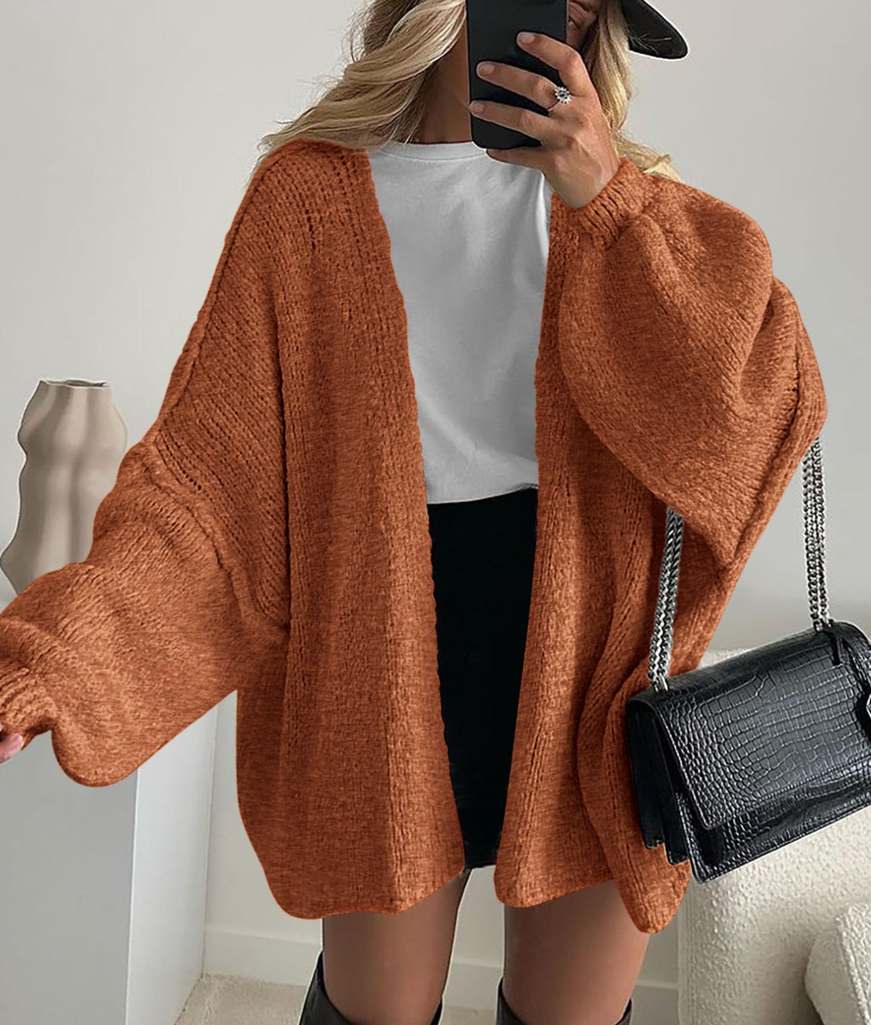 Womens Open Front Oversized Cardigan Sweaters,Brick Red,XS
