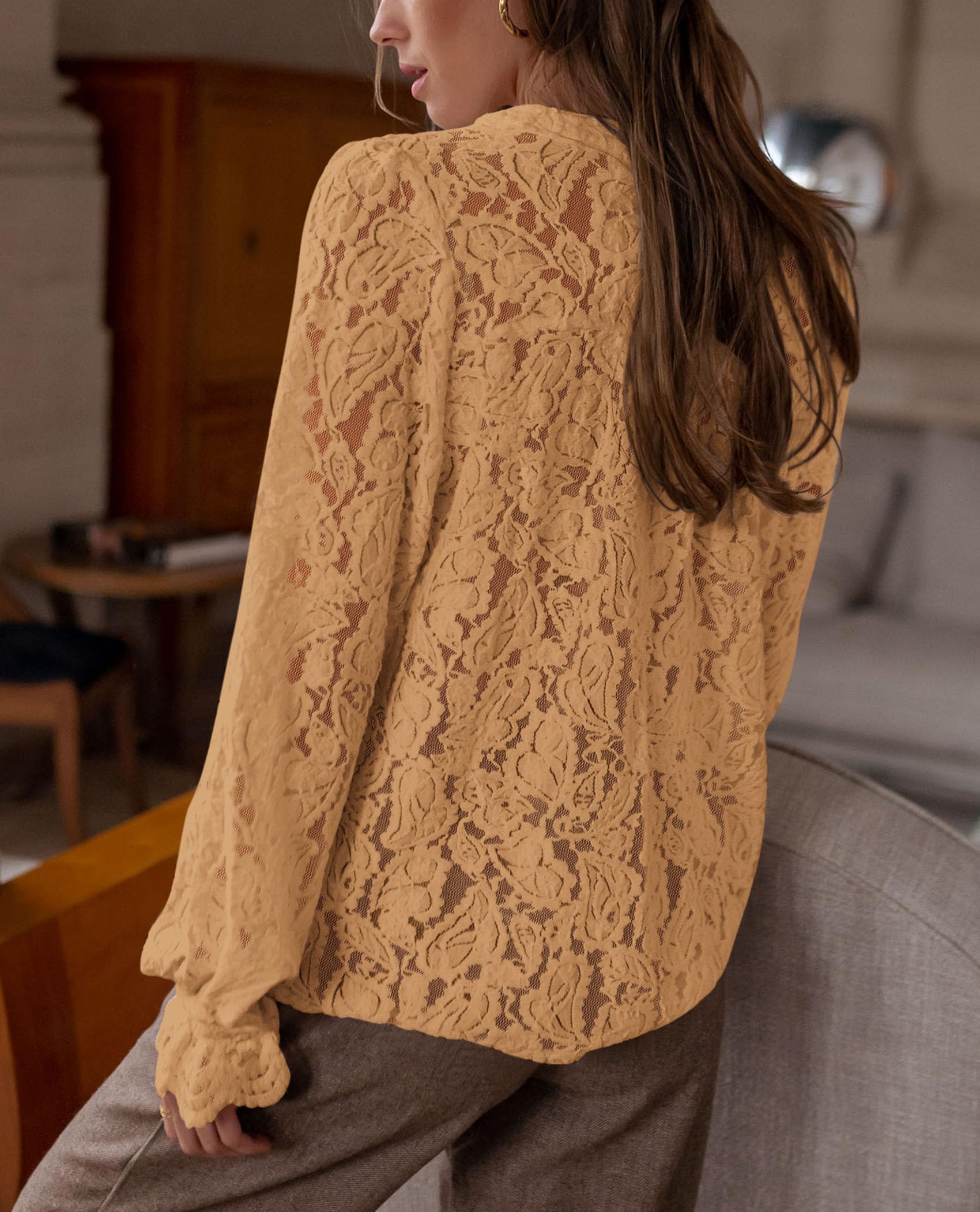 Women's Fall Trendy Long Sleeve Lace Tops(Khaki,Small)