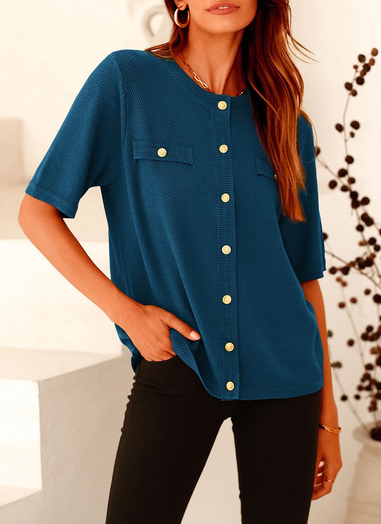 Women's Summer Casual Button Down Shirts Dark Blue,Small