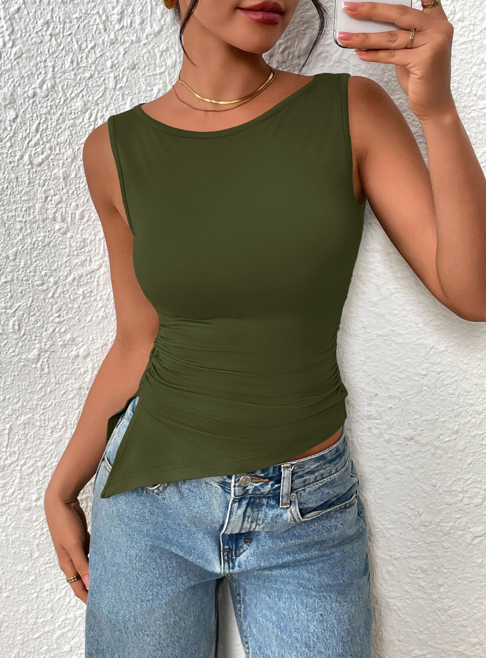 Women's Ruched Tank Tops Summer Y2K Shirts,Army Green,S