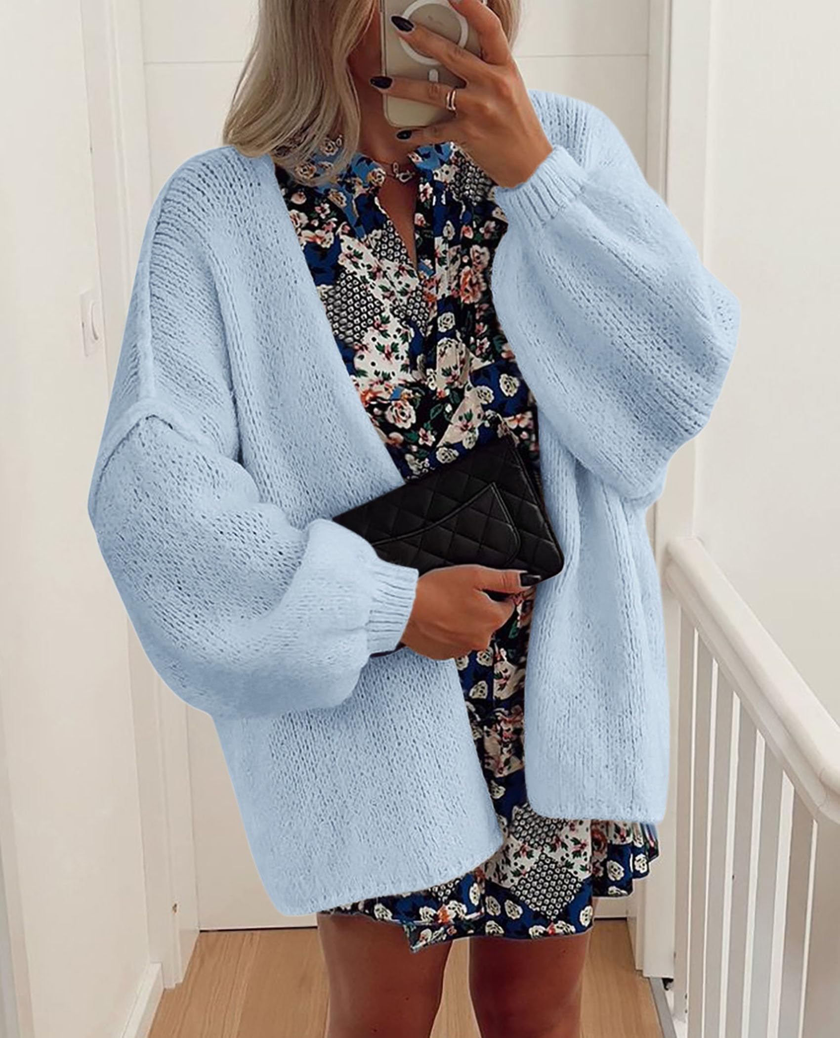 Womens Open Front Oversized Cardigan Sweaters,Light Blue,XS