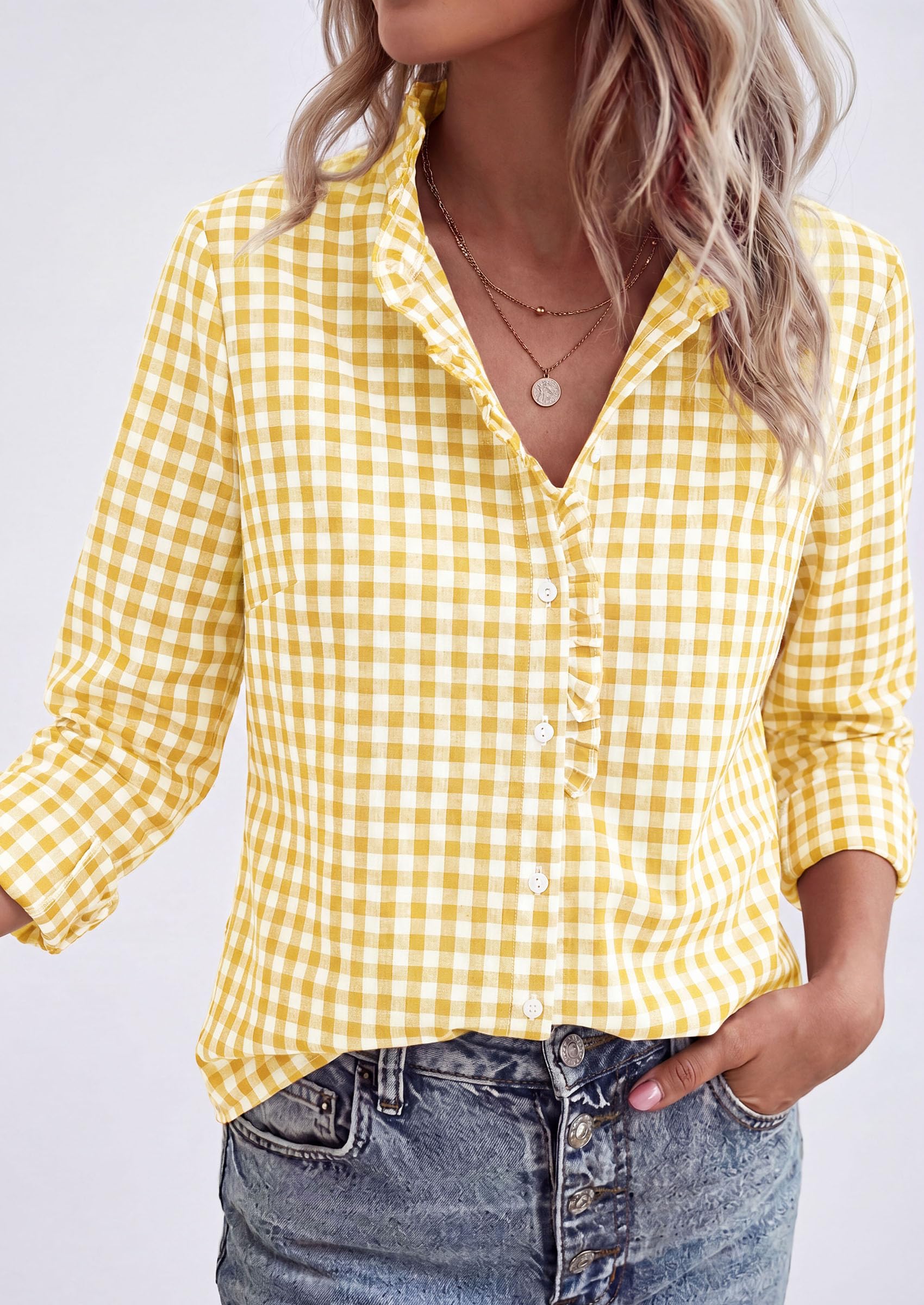 Womens Long Sleeve Button Down Shirts,Yellow White,S