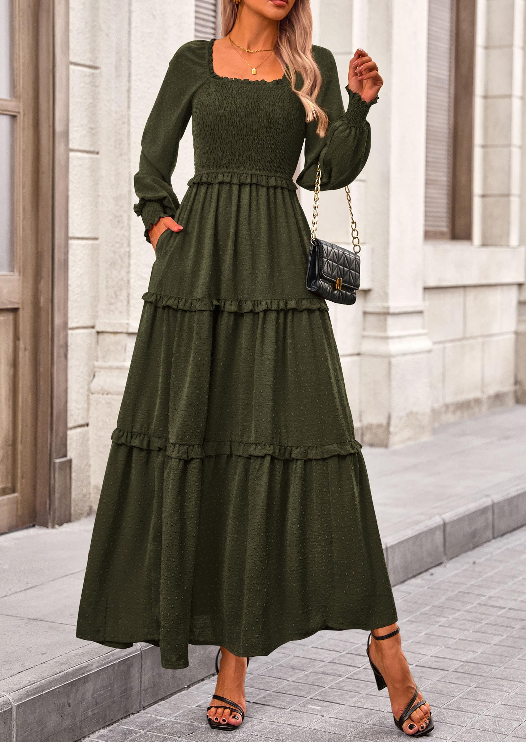 Women's Smocked Long Sleeve Maxi Dress Wedding Guest Dresses