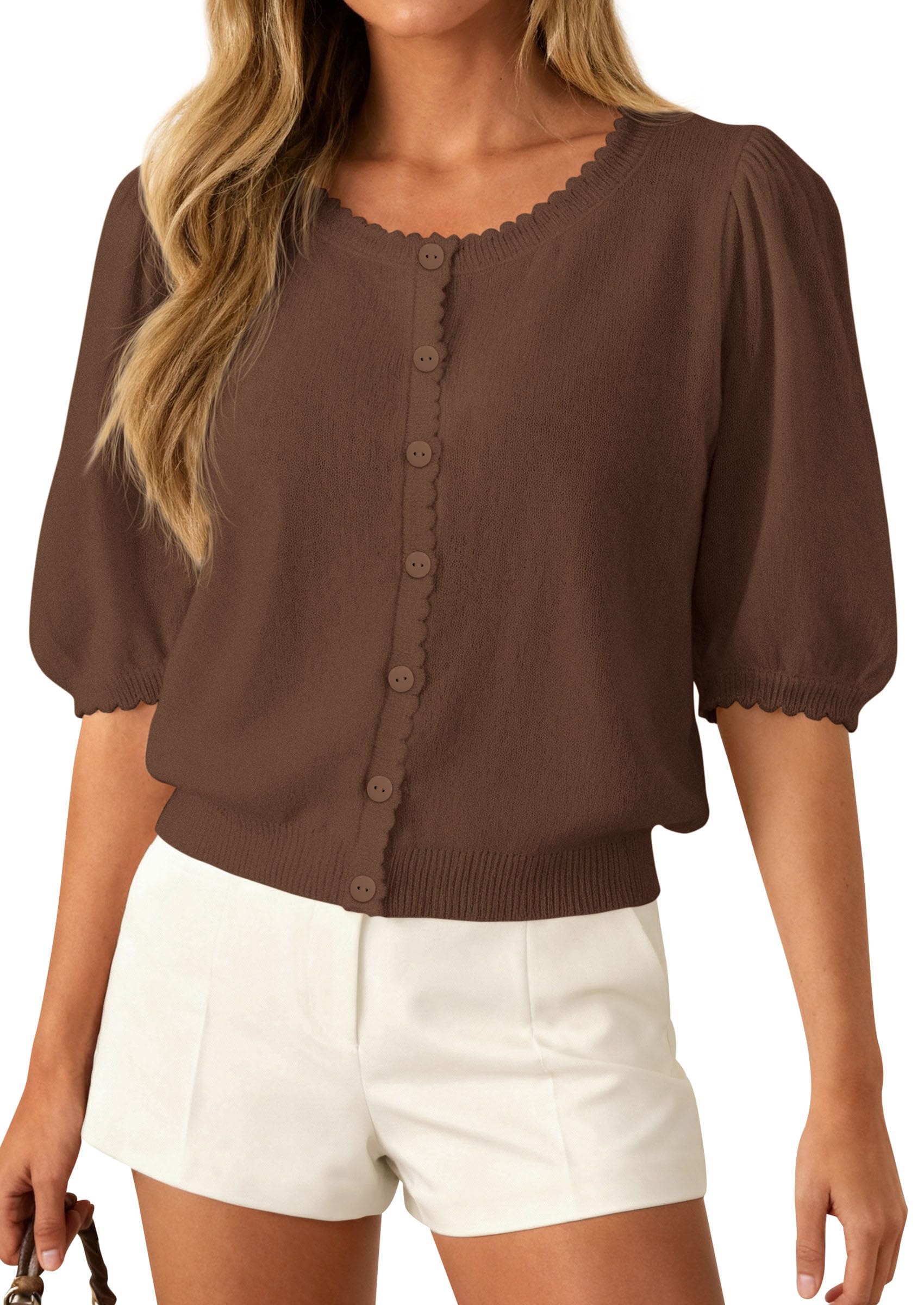 Women Short Sleeve Lightweight Knit Cardigans, Brown,S