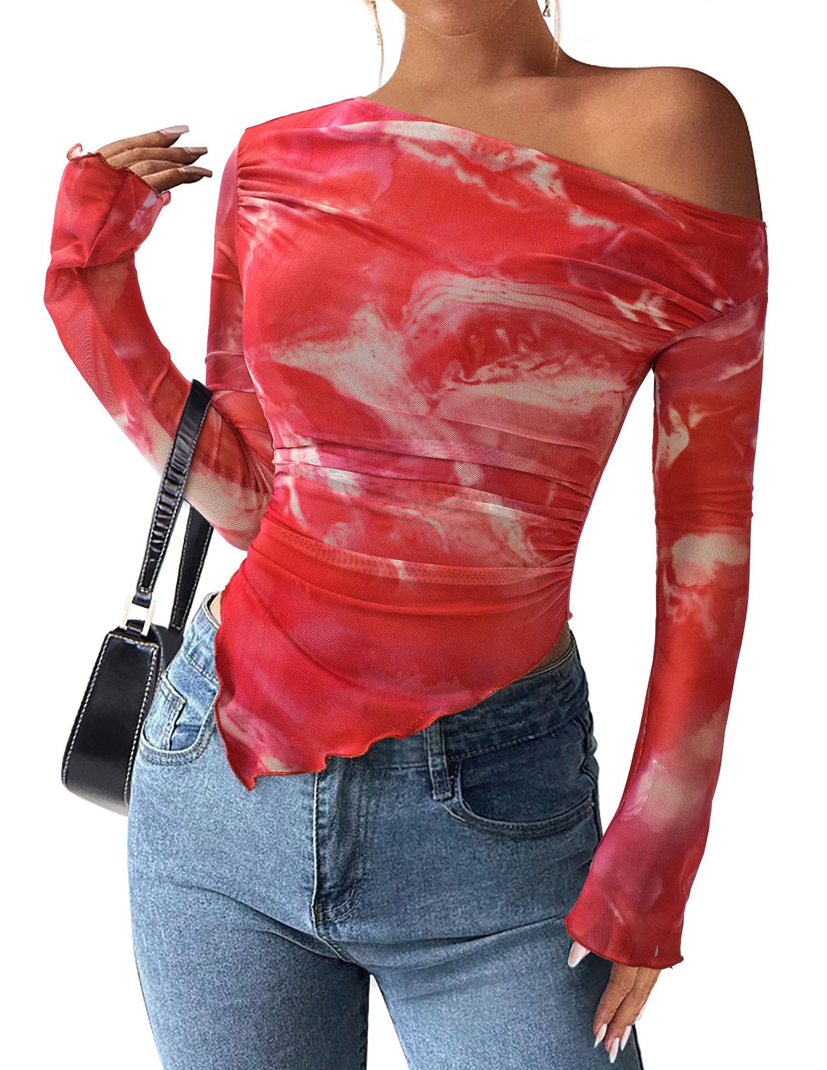 Womens Off Shoulder Mesh Y2k Tops,Floral Brick Red,XS