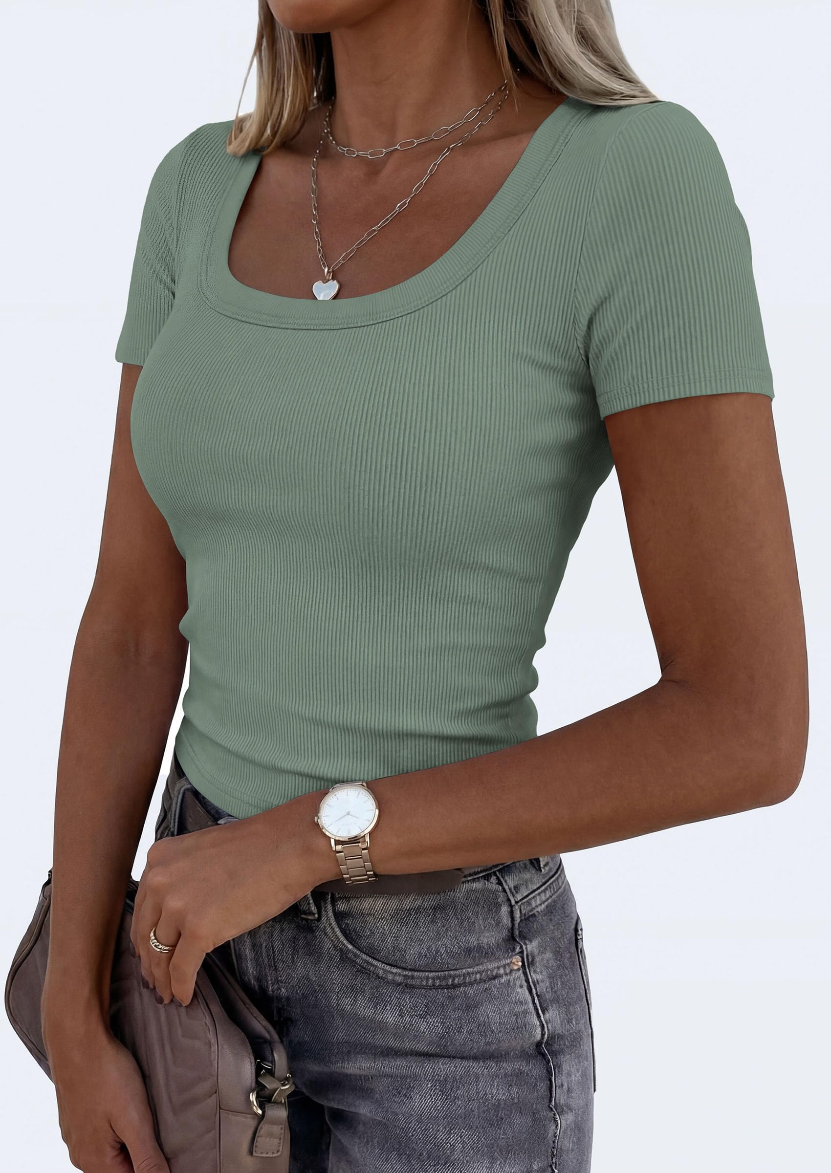 Womens Summer Short Sleeve Scoop Neck Tops,Sage Green,M