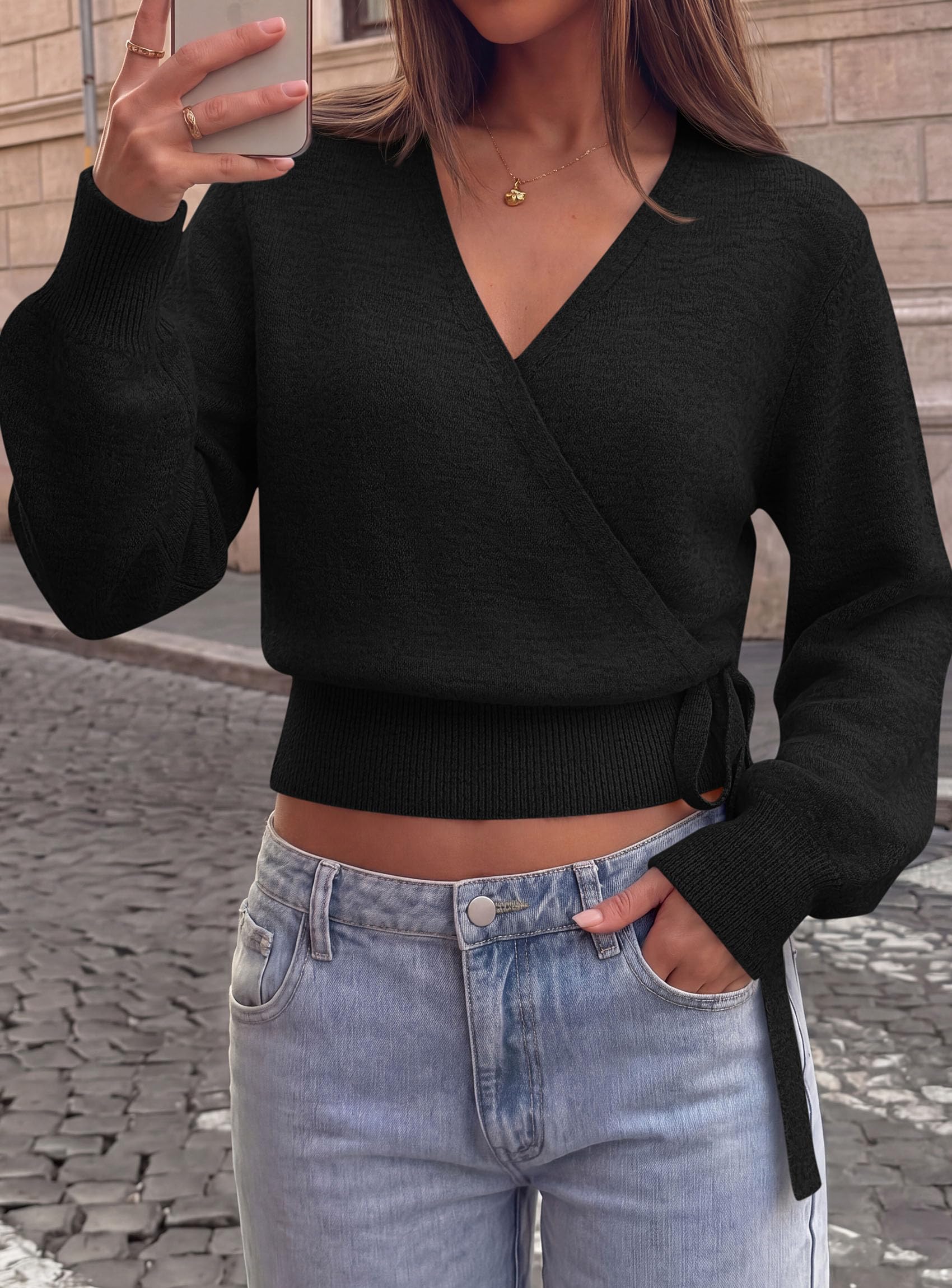 V Neck Wrap Sweaters for Women Fall Outifts Pullover Black,S
