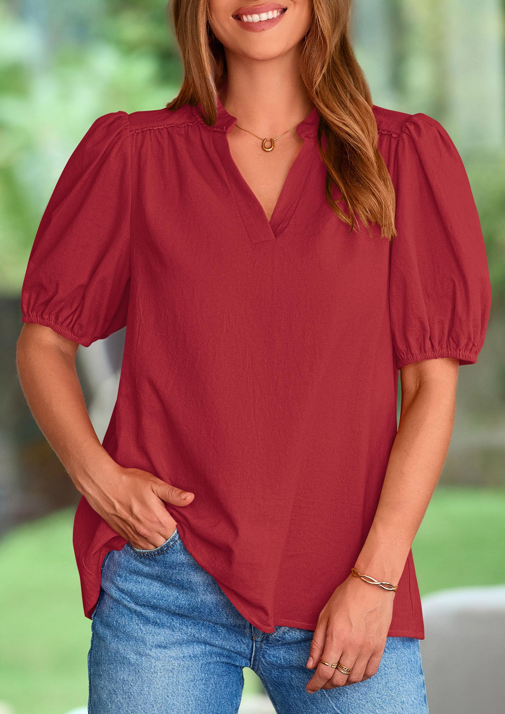 Womens Short Puff Sleeve V Neck Blouses,Dark Red,S