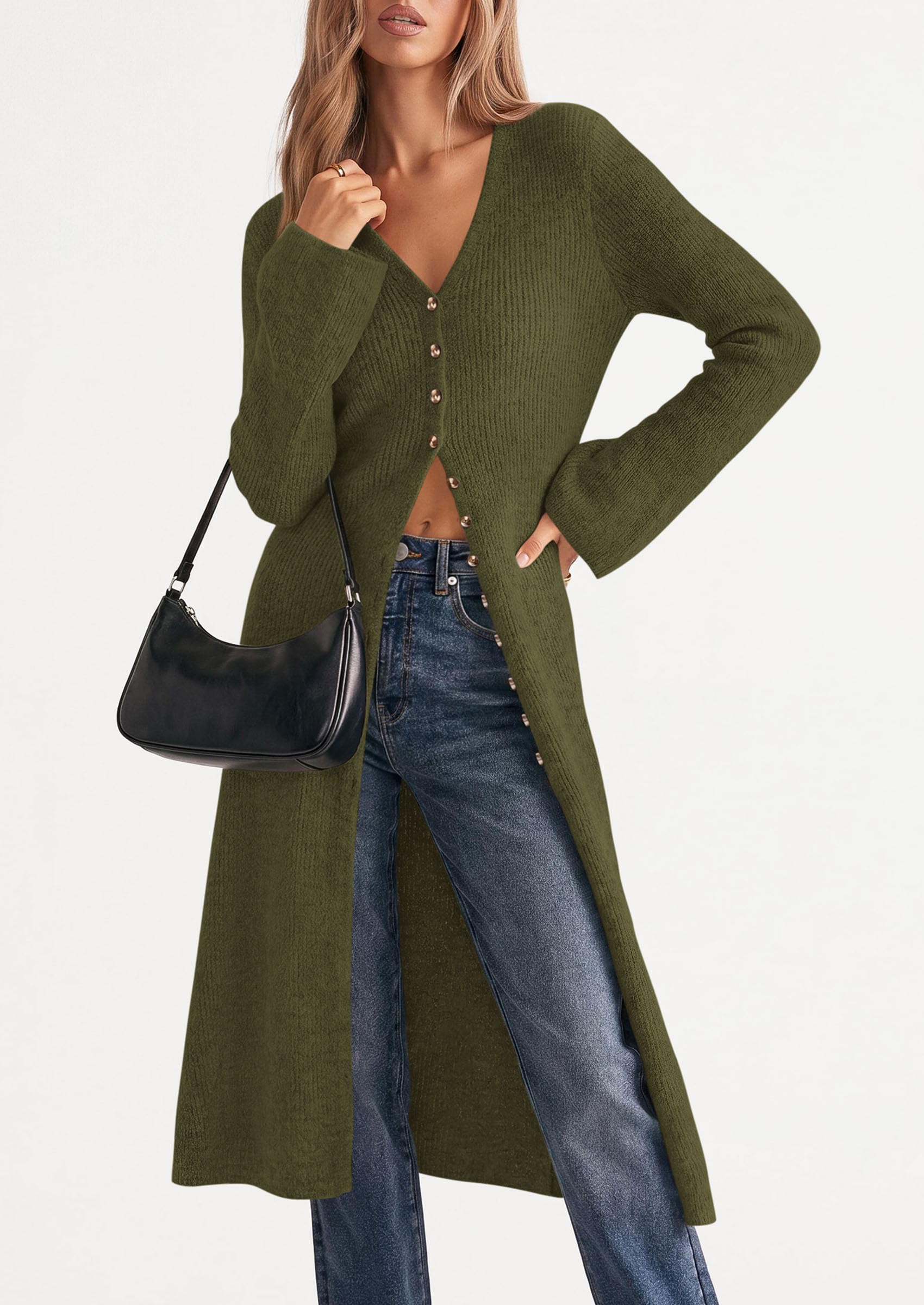 Women Long Cardigan Bell Sleeve Sweater Dress (Army Green,S)